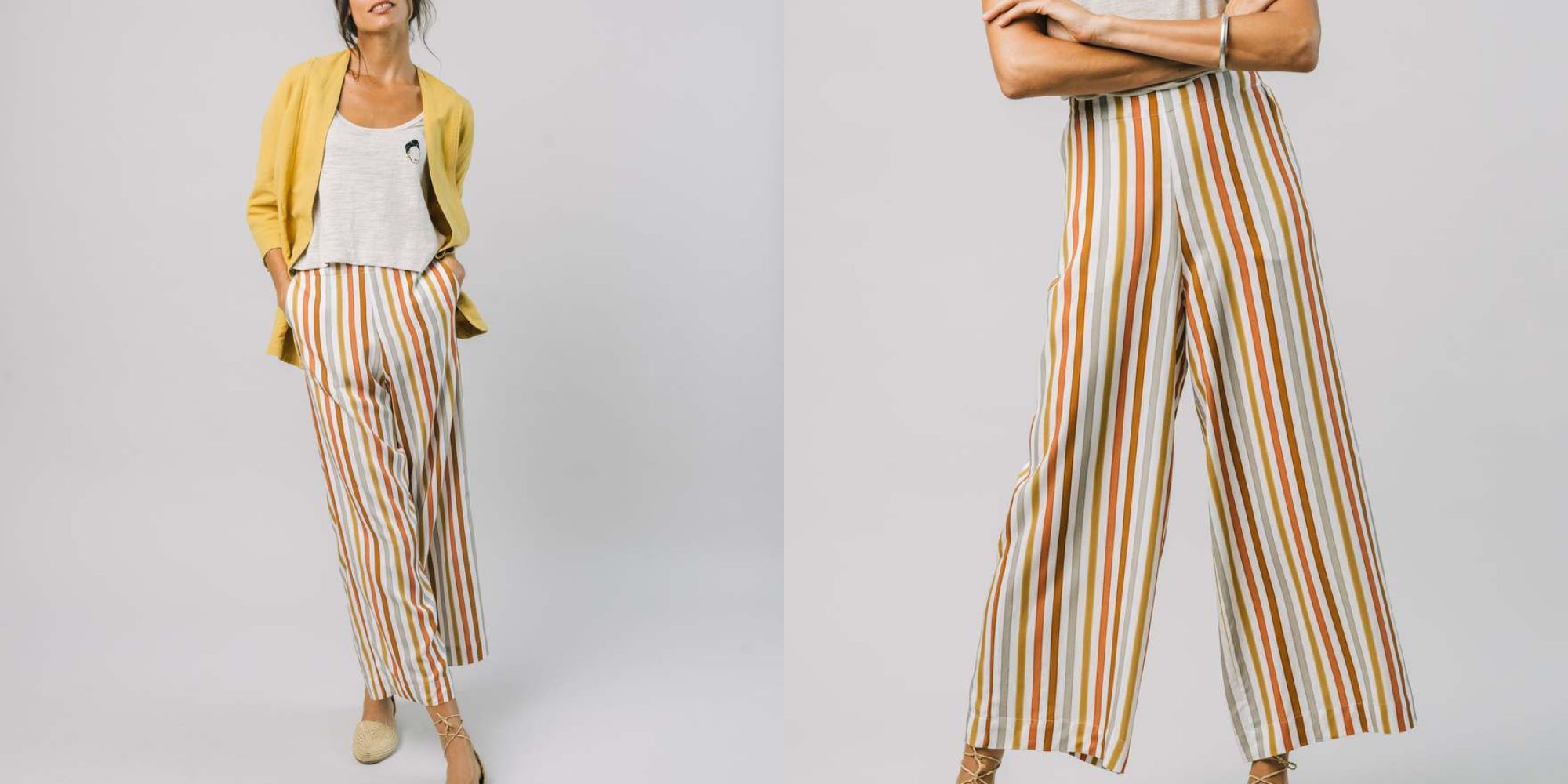 Silky earth-toned striped wide leg pants by Brava Fabrics.