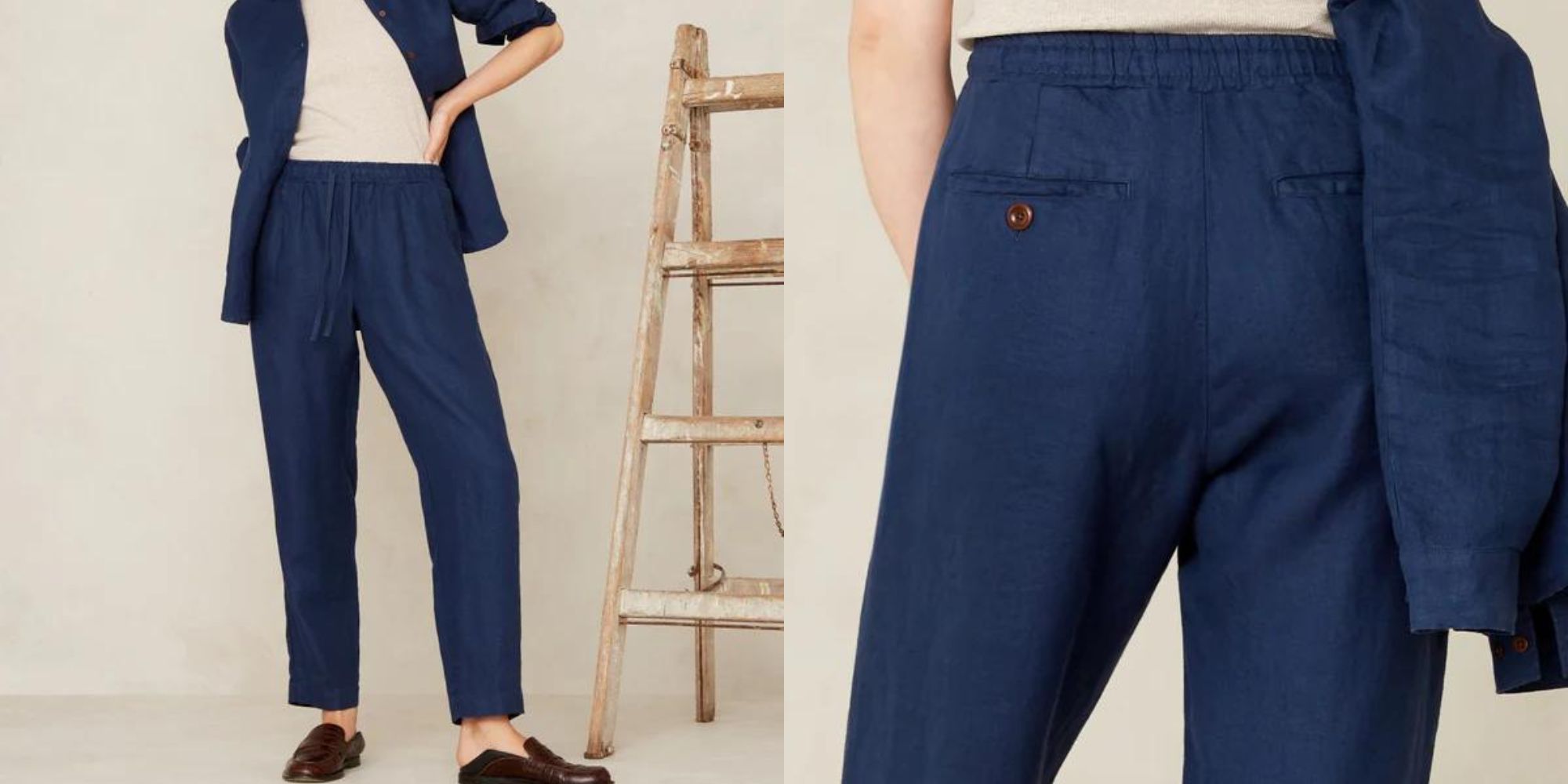Navy blue straight leg womenswear linen work pants by Kings of Indigo.
