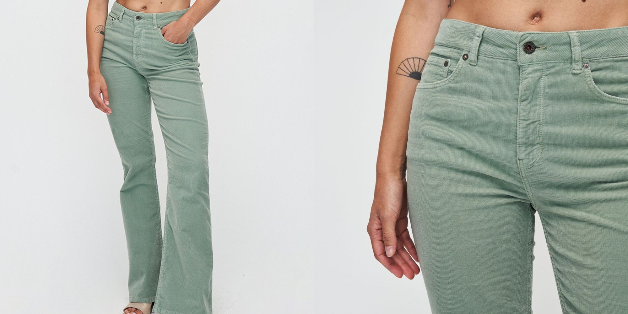 Mint green corduroy flair pants responsibly made by Kuyichi.