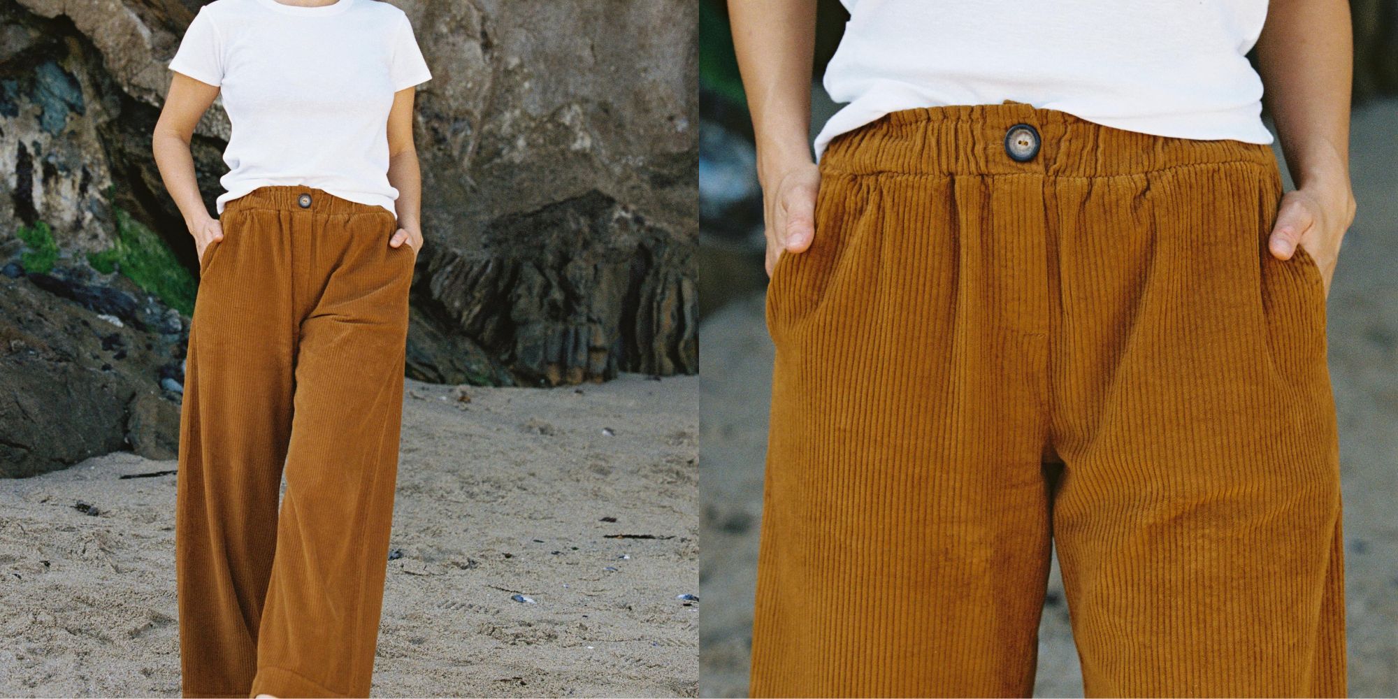 Rust coloured corduroy wide leg pants by LA Relaxed.