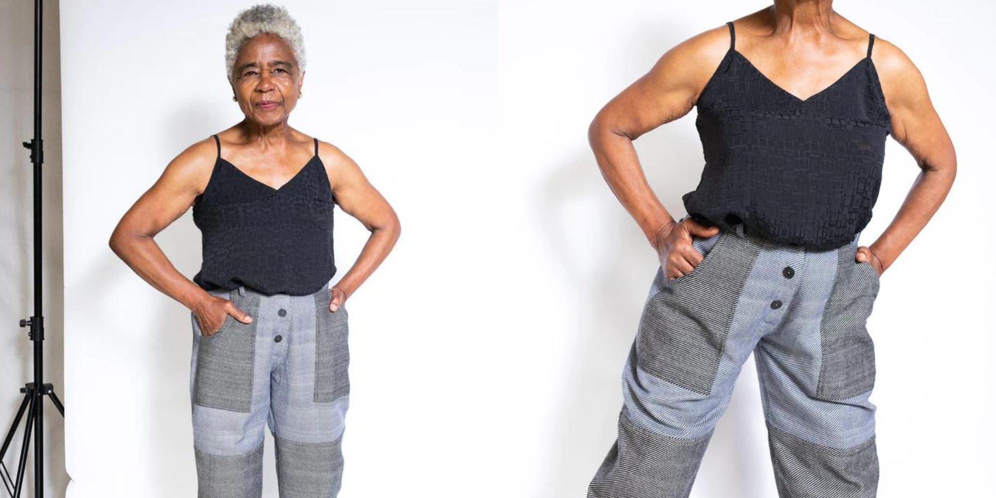 Patchwork upcycled twill pants by Seek Collective.