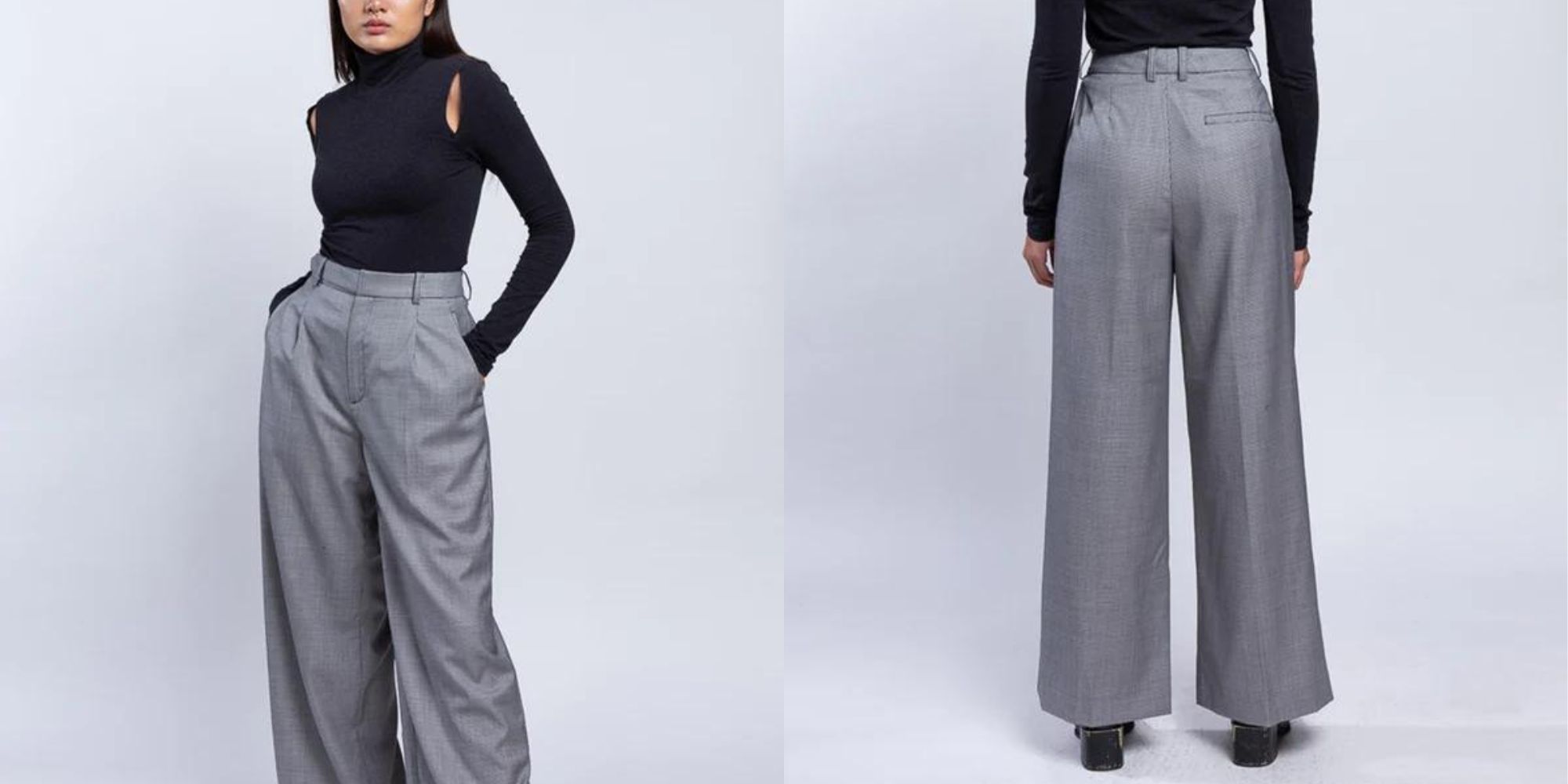 Grey wide leg Bermondsey Pants by The R Collective made from upcycled fabrics.