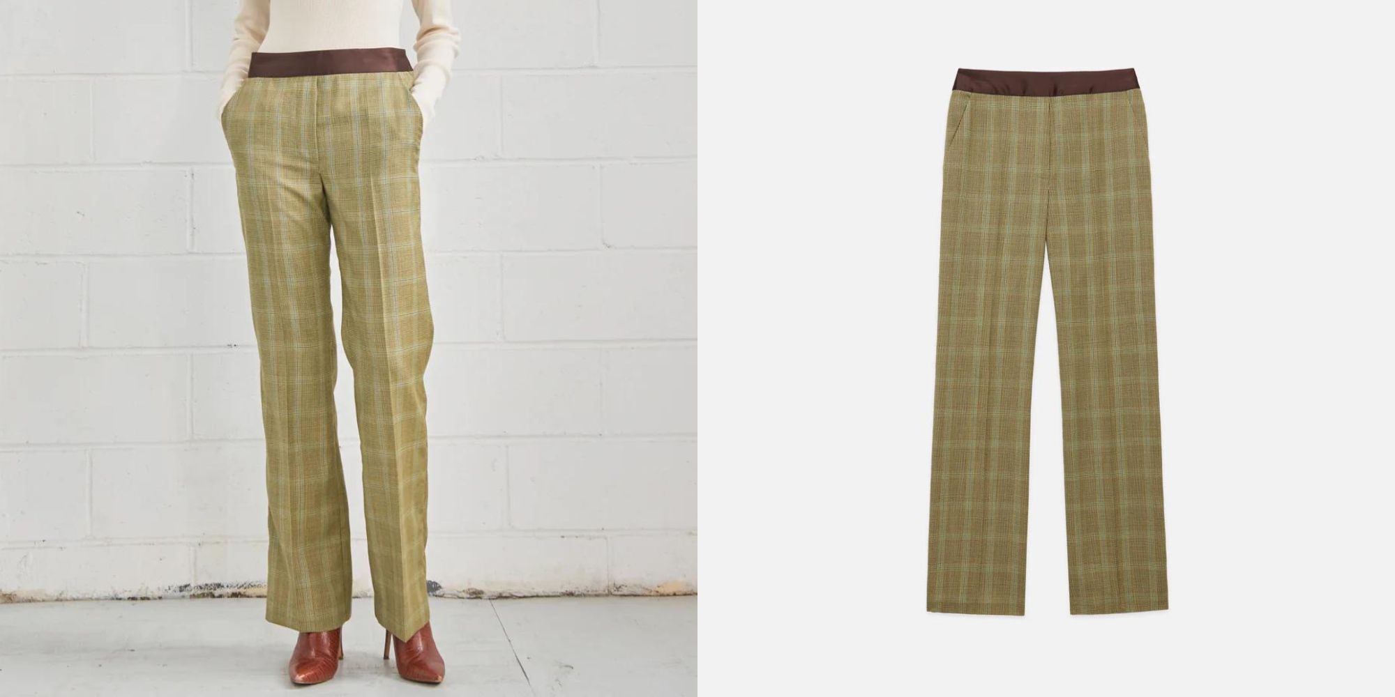 High-waisted green plaid patterned pants by WE-AR4.