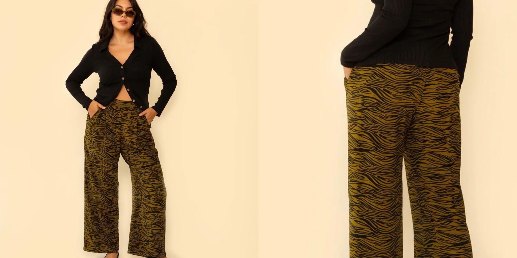 Olive and black zebra print wide leg trousers by Whimsy + Row.