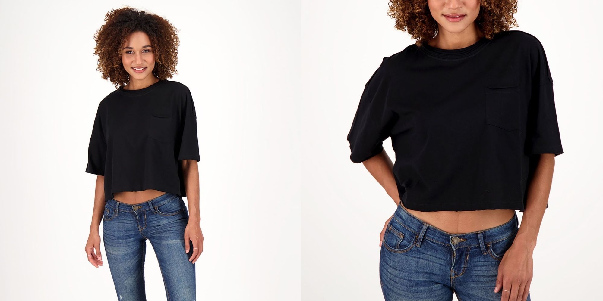 woman of colour wearing black cropped tee made ethically by The Good Tee