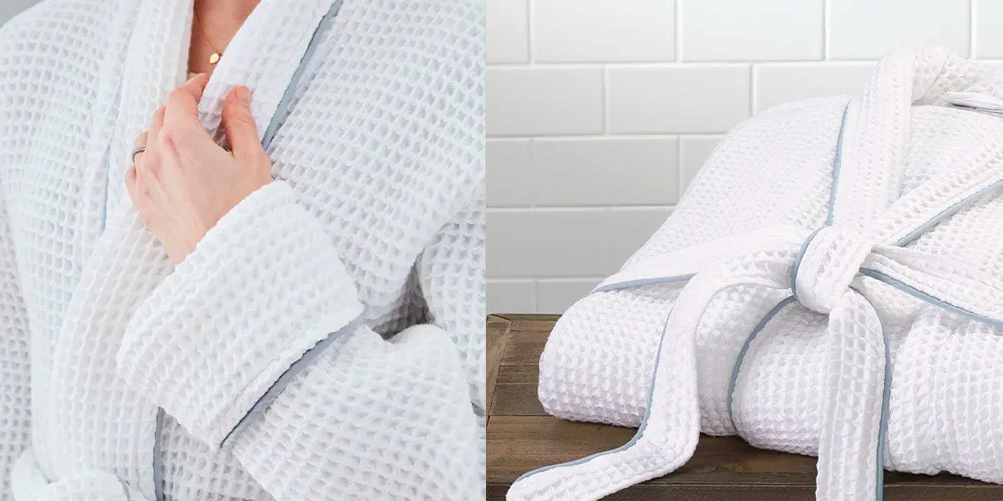 Woman in textured bathrobe by Boll & Branch