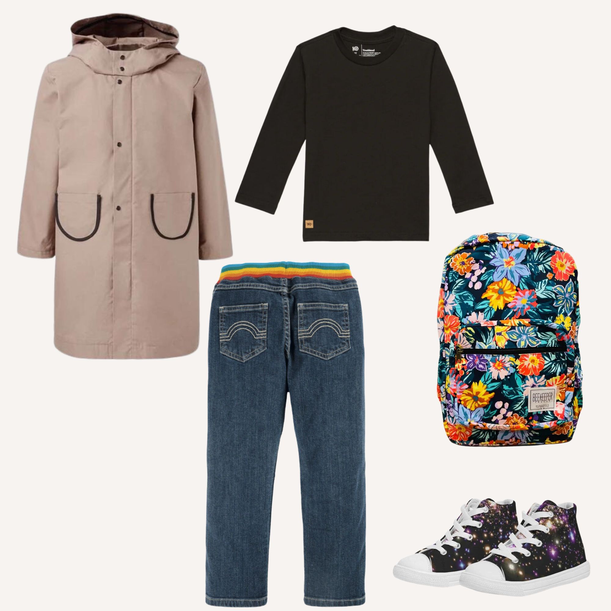 A selection of more sustainable brands kids clothes for going back to elementary school outfits.