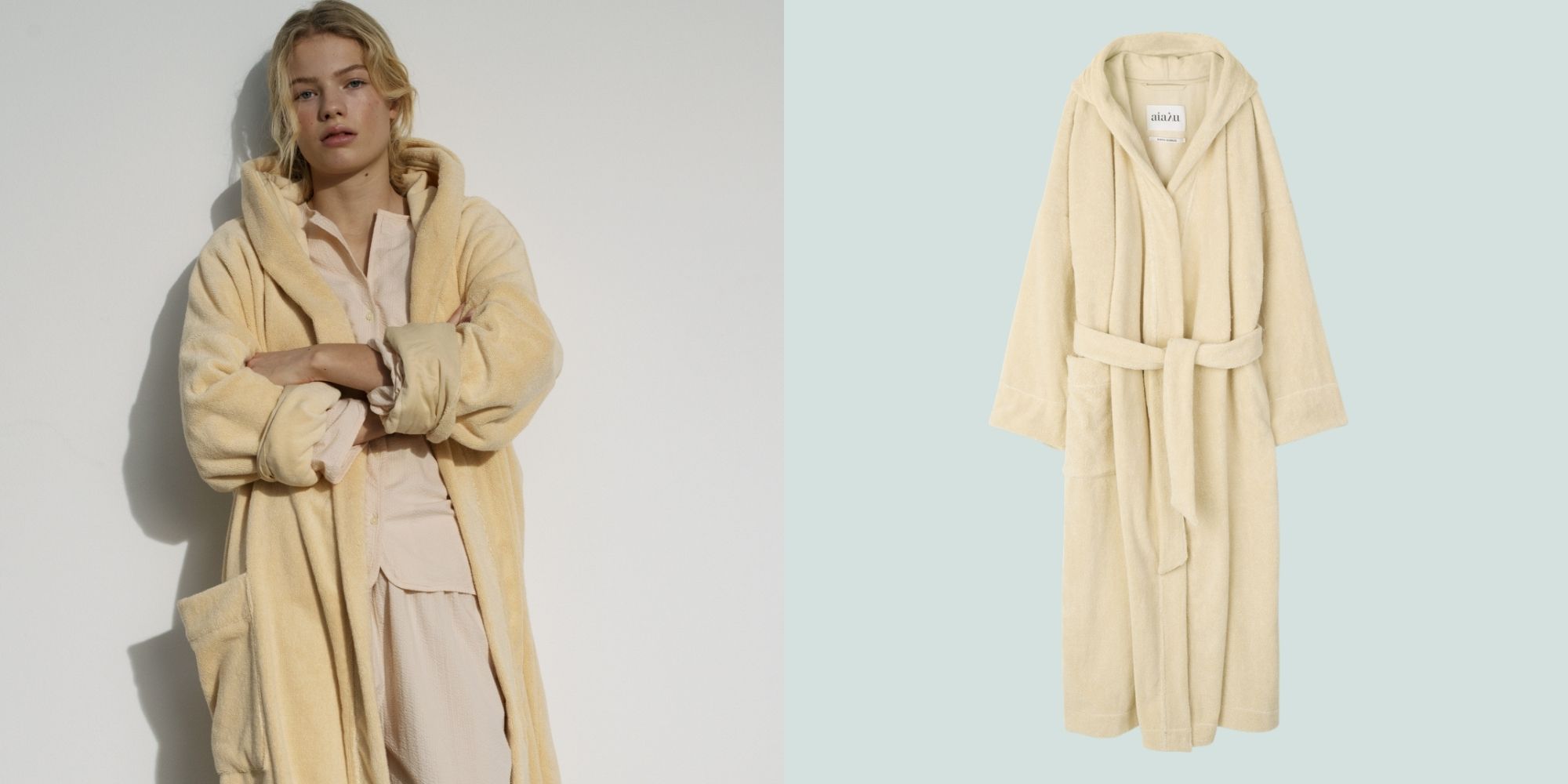 woman wearing light yellow fluffy ethically made dressing gown by Aiayu