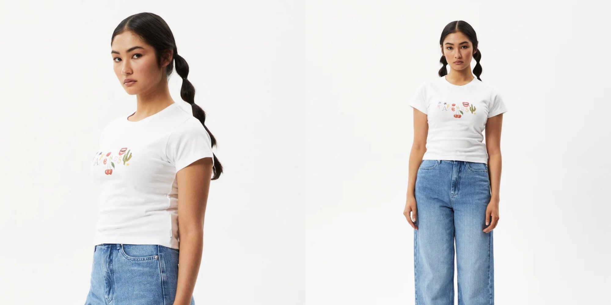 A white baby tee by Afends with a colourful logo.