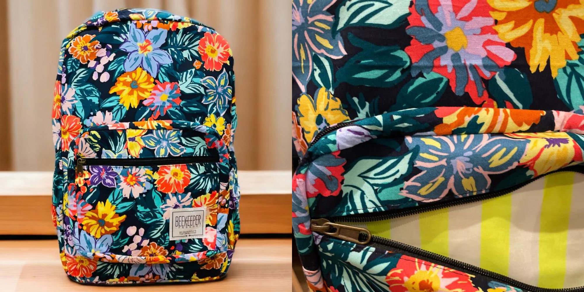 A colourful floral print backpack responsibly made by Beekeeper Parade.