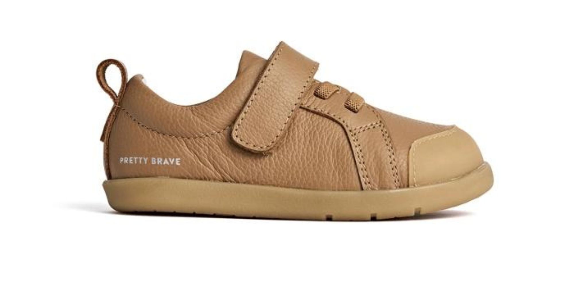 Brown velcro top first walker toddler shoes by Dimples.