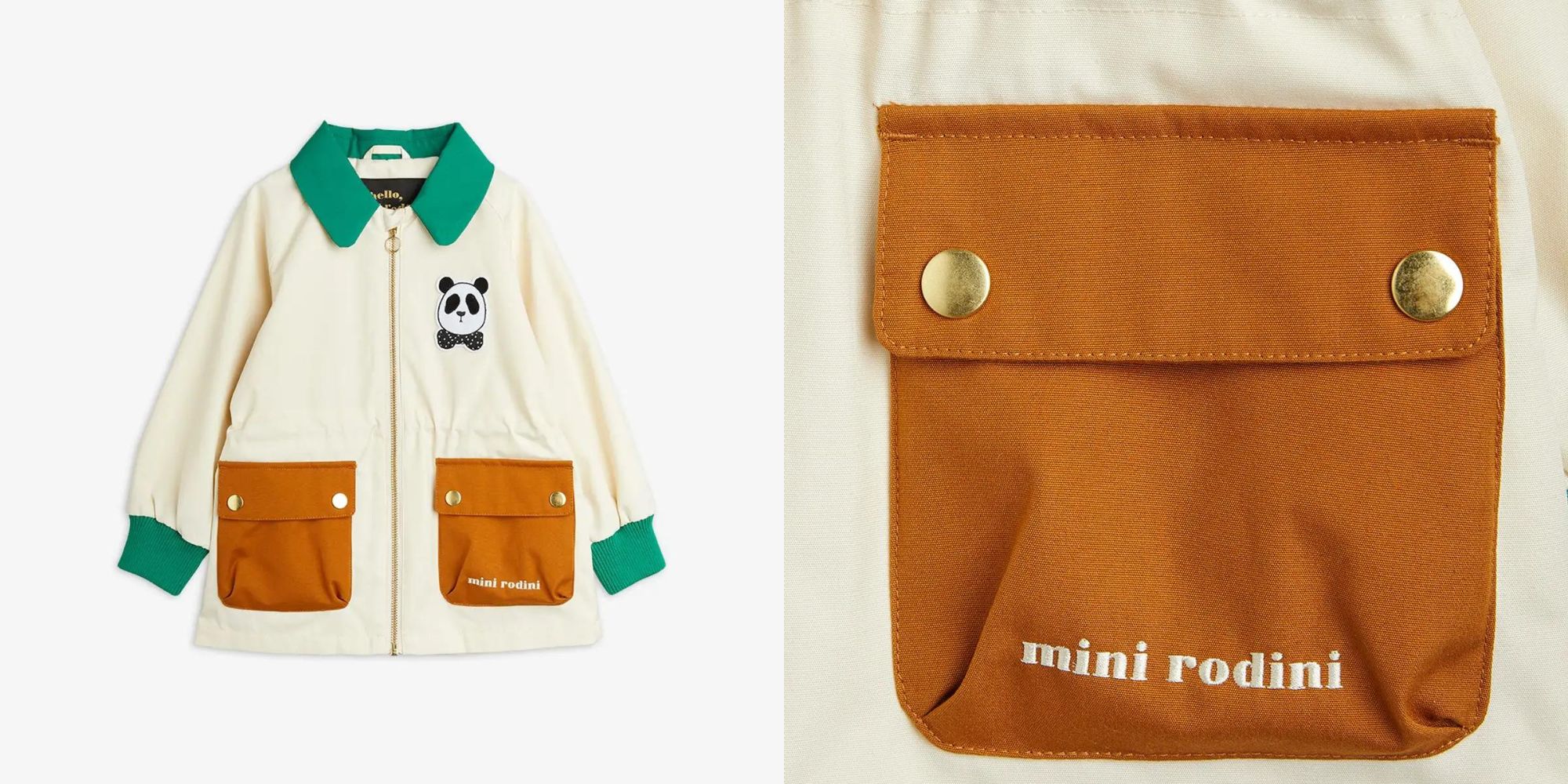A children's spring panda patch jacket made more sustainably by Mini Rodini.