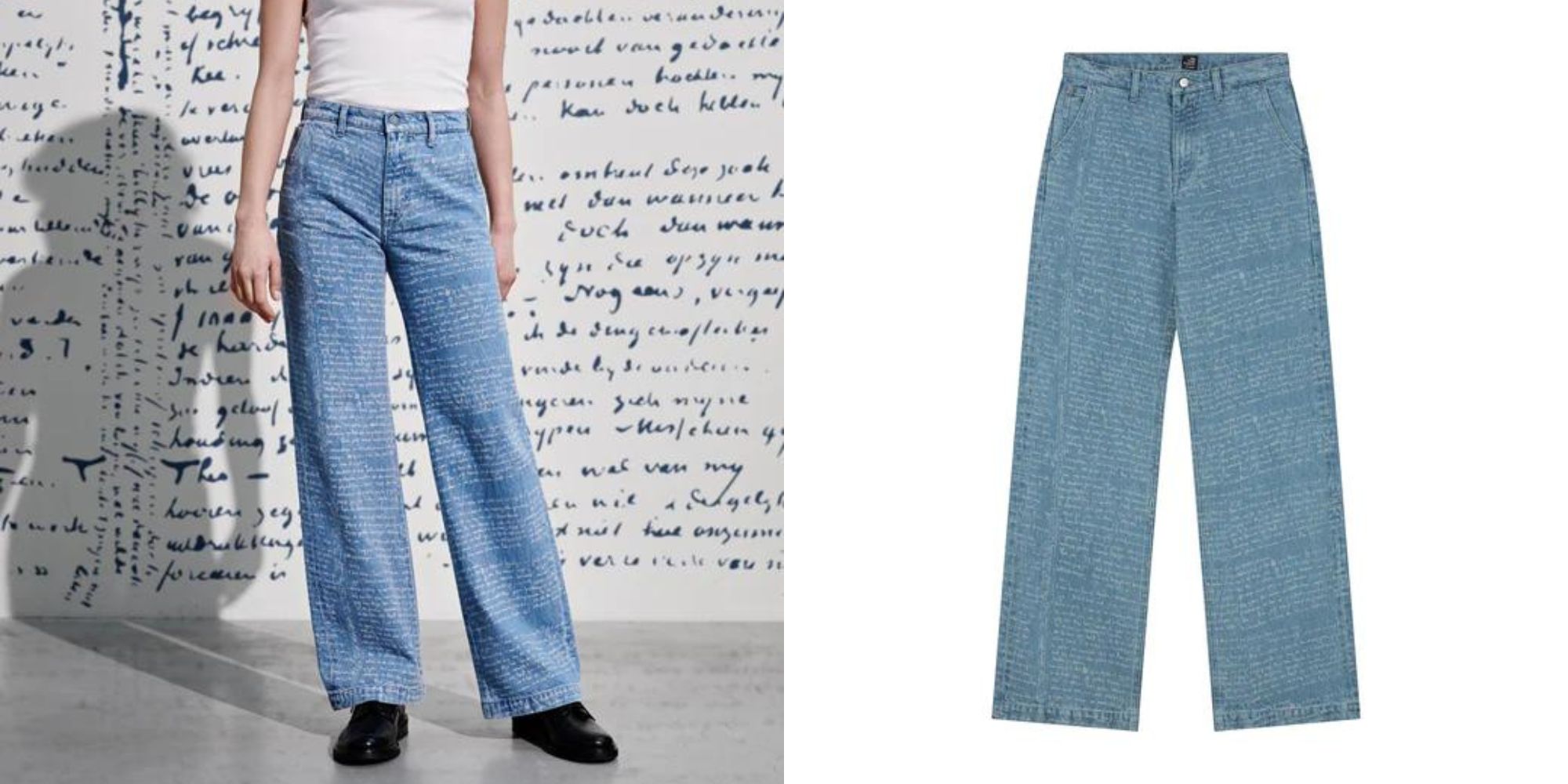 Blue wide leg jeans with white letter printing by MUD Jeans.