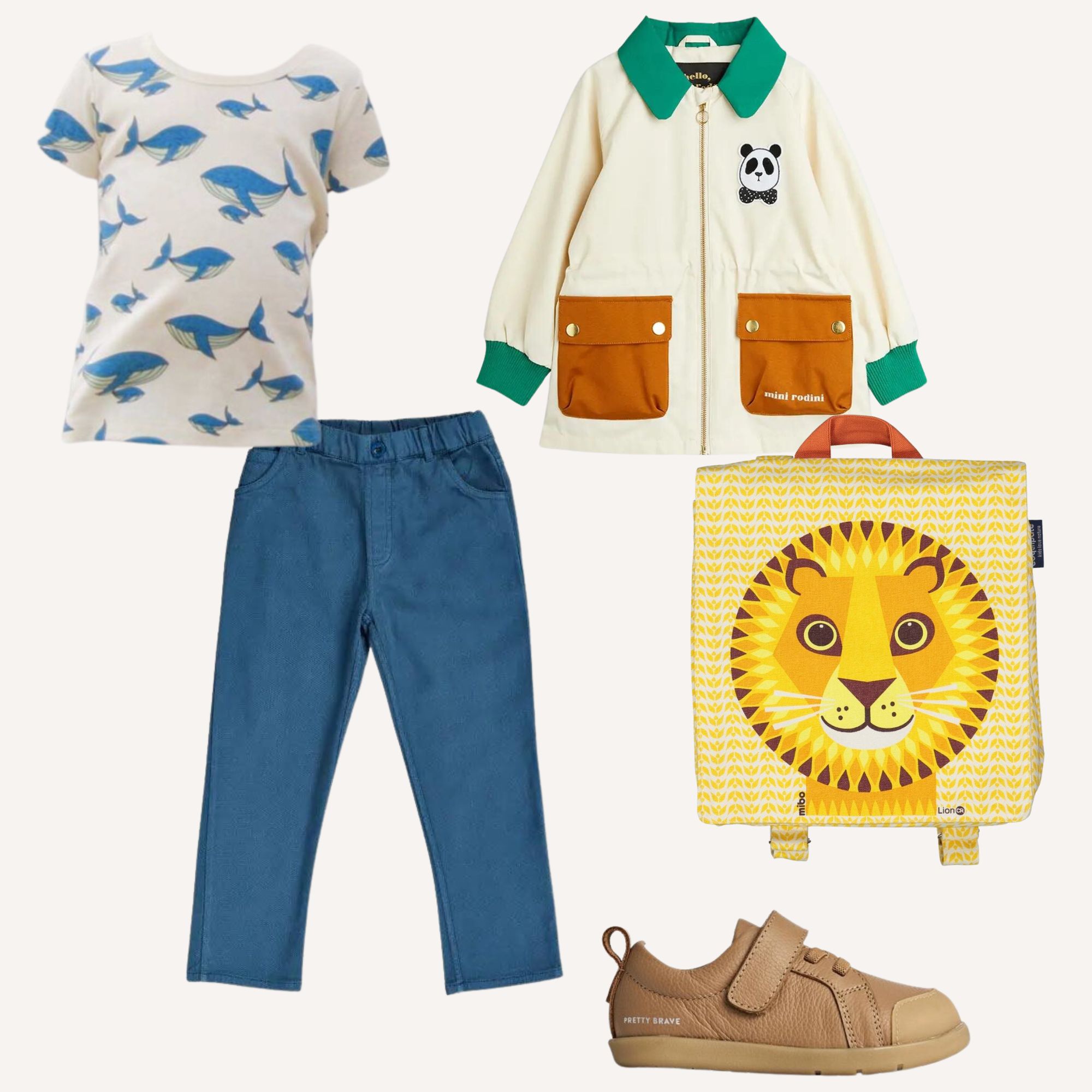 A selection of more sustainable brands kids clothes for going back to preschool outfits.