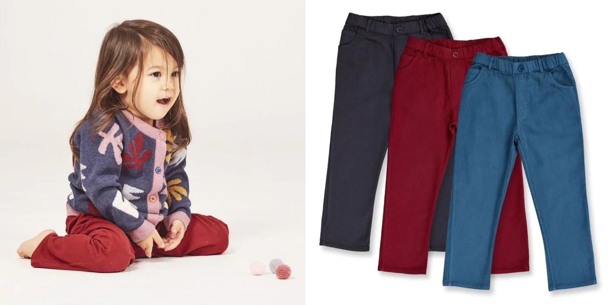 Children's twill pants in three colours made responsibly by Sense Organics.