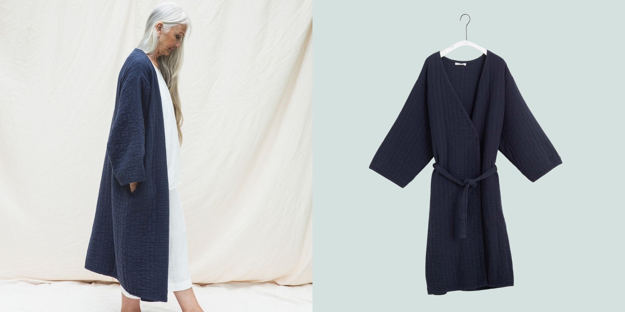 older woman wearing navy sustainable robe by Beaumont Organic