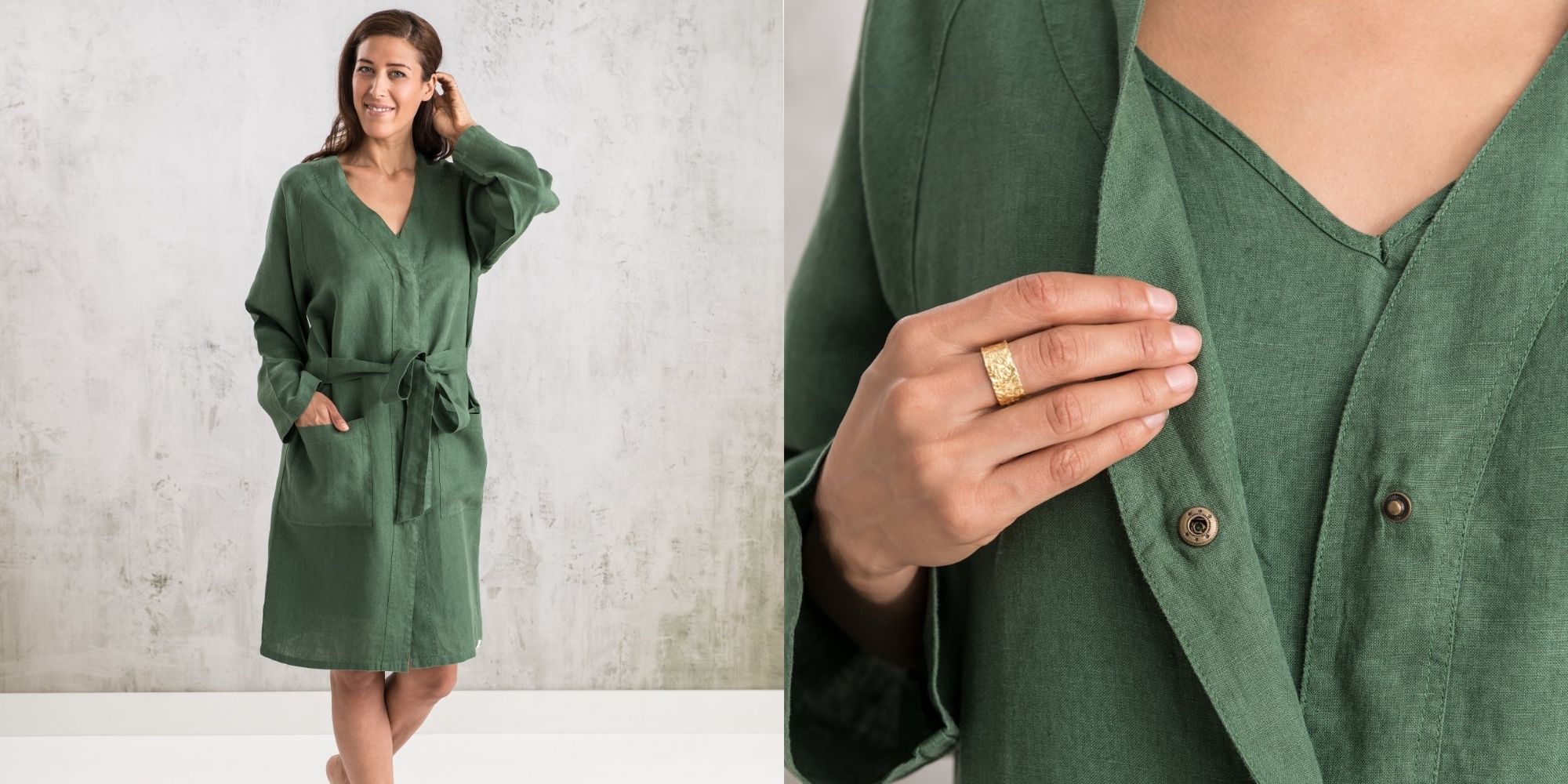 woman wearing forest green sustainable linen robe by Bhumi
