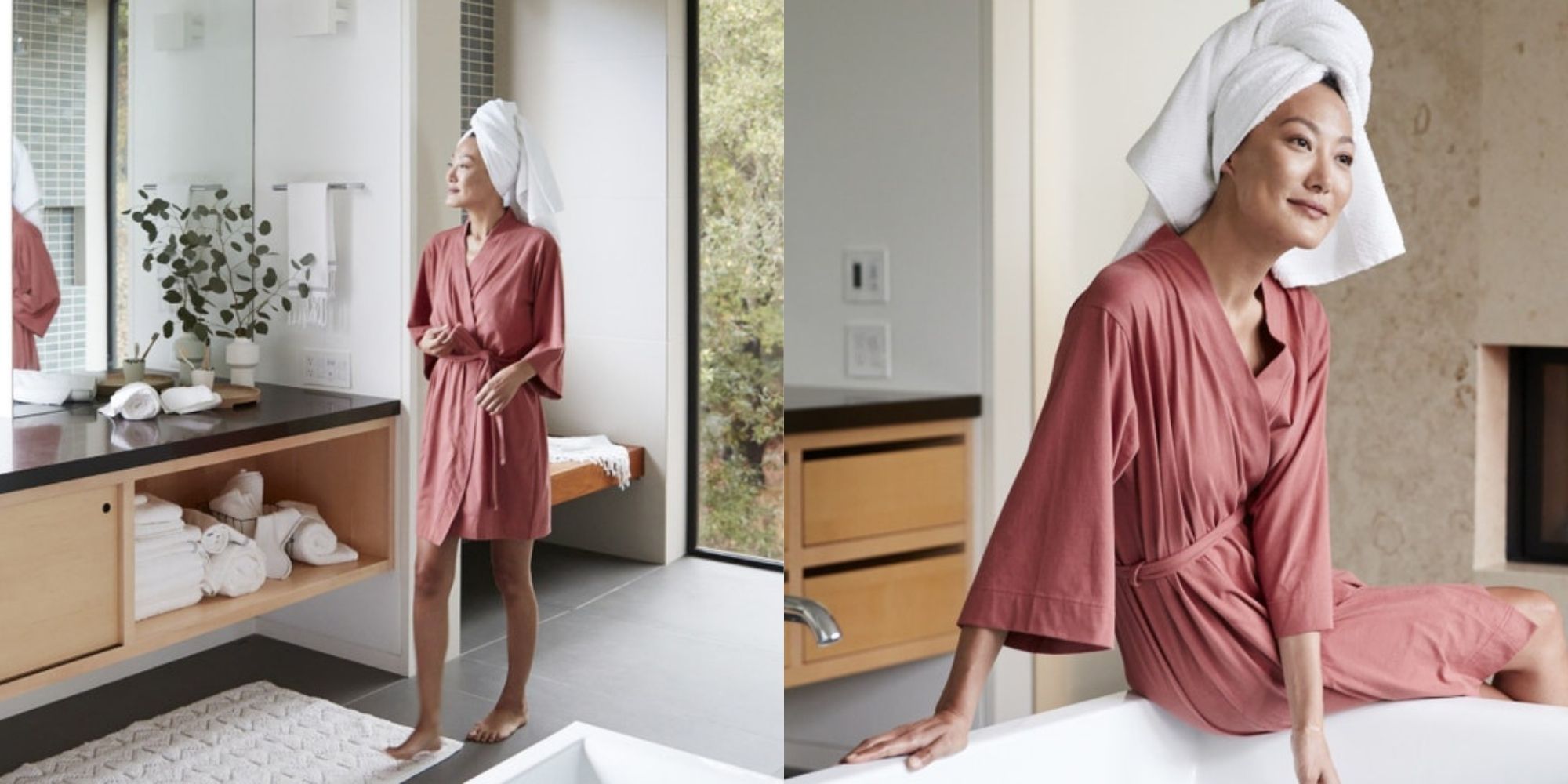 asian woman wearing pink sustainable bathrobe by Coyuchi