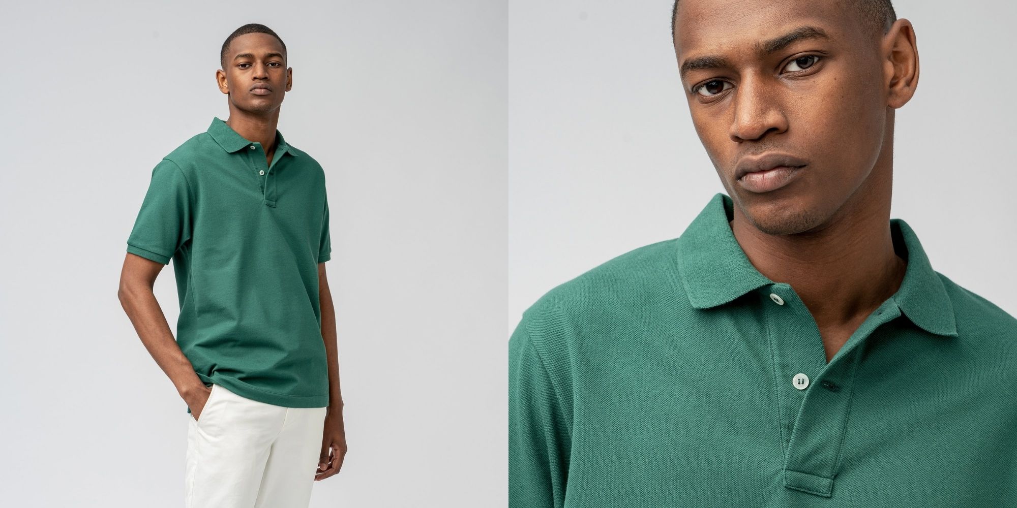 black man wearing green polo ethically made by ISTO