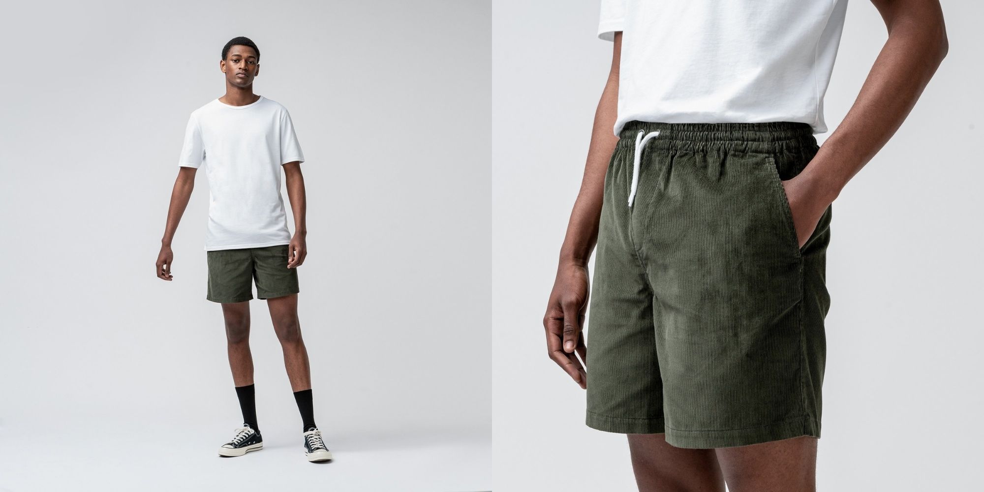 man of colour wearing green sustainable shorts made by ISTO