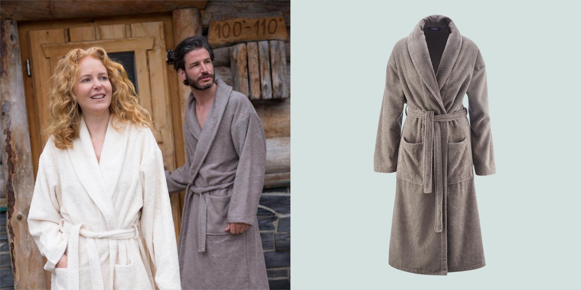 woman and man wearing grey ethical bathrobe by Living Crafts