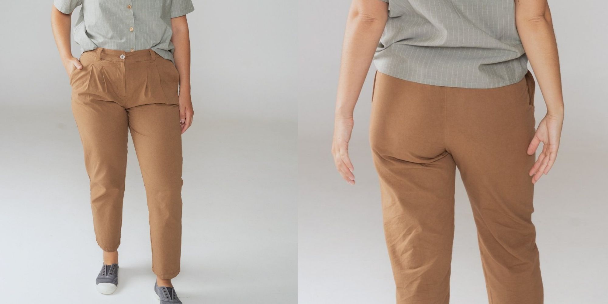 woman wearing brown organic cotton trousers by Naz
