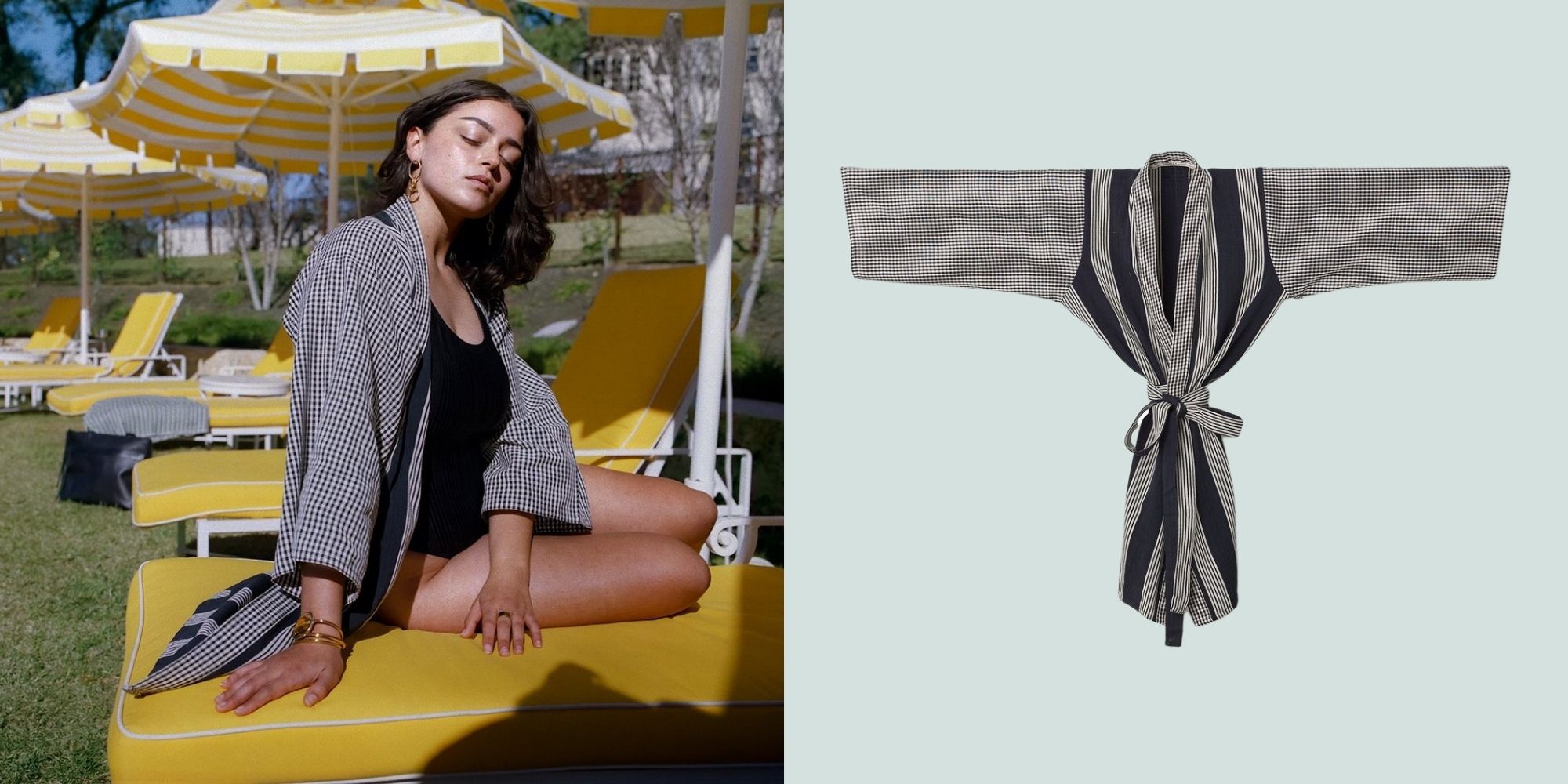 woman wearing black and white kimono style sustainable robes by Raven + Lily