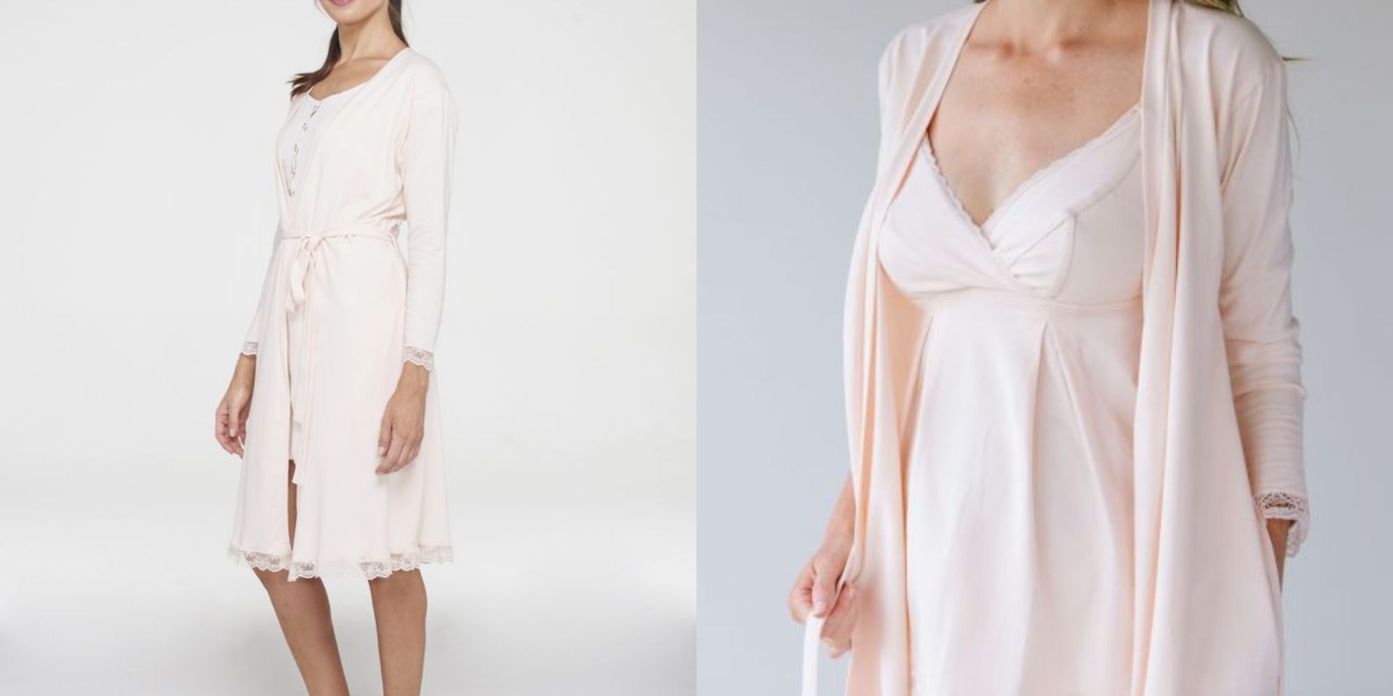 woman wearing blush pink organic cotton robe by Sorella Organics