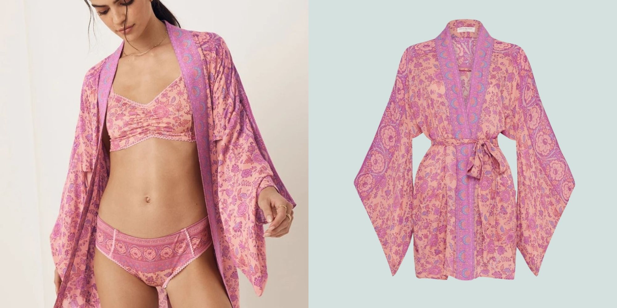 woman wearing short pink kimono style sustainable robes by Spell