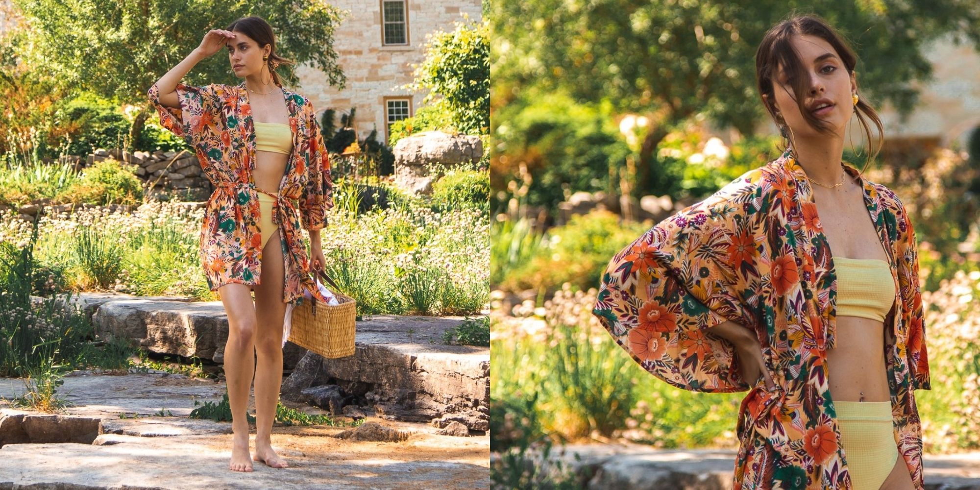 woman wearing bright floral sustainable robes by TAMGA Designs
