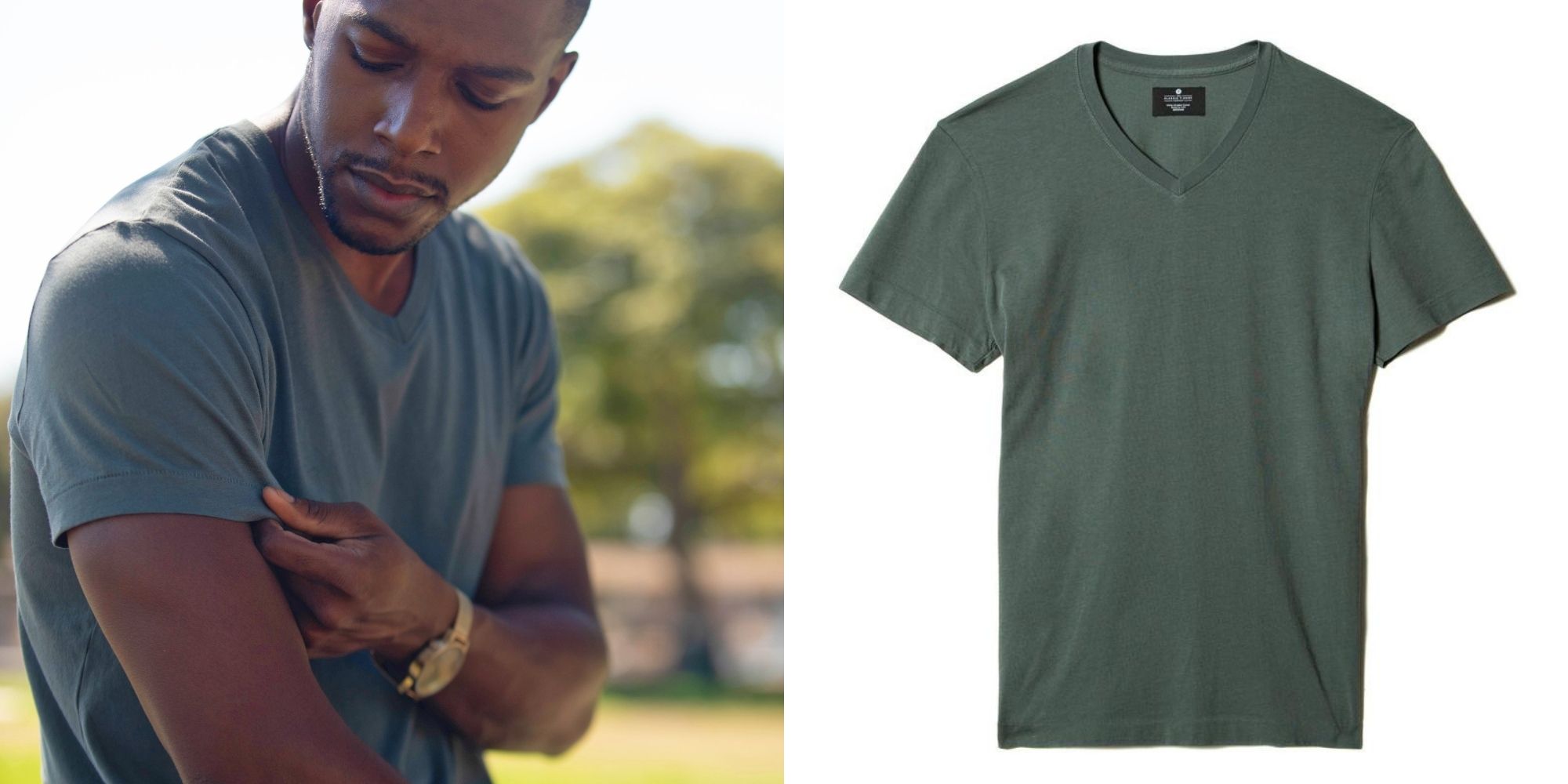 black man wearing short sleeve moss green t-shirt made by The Classic T-Shirt Company