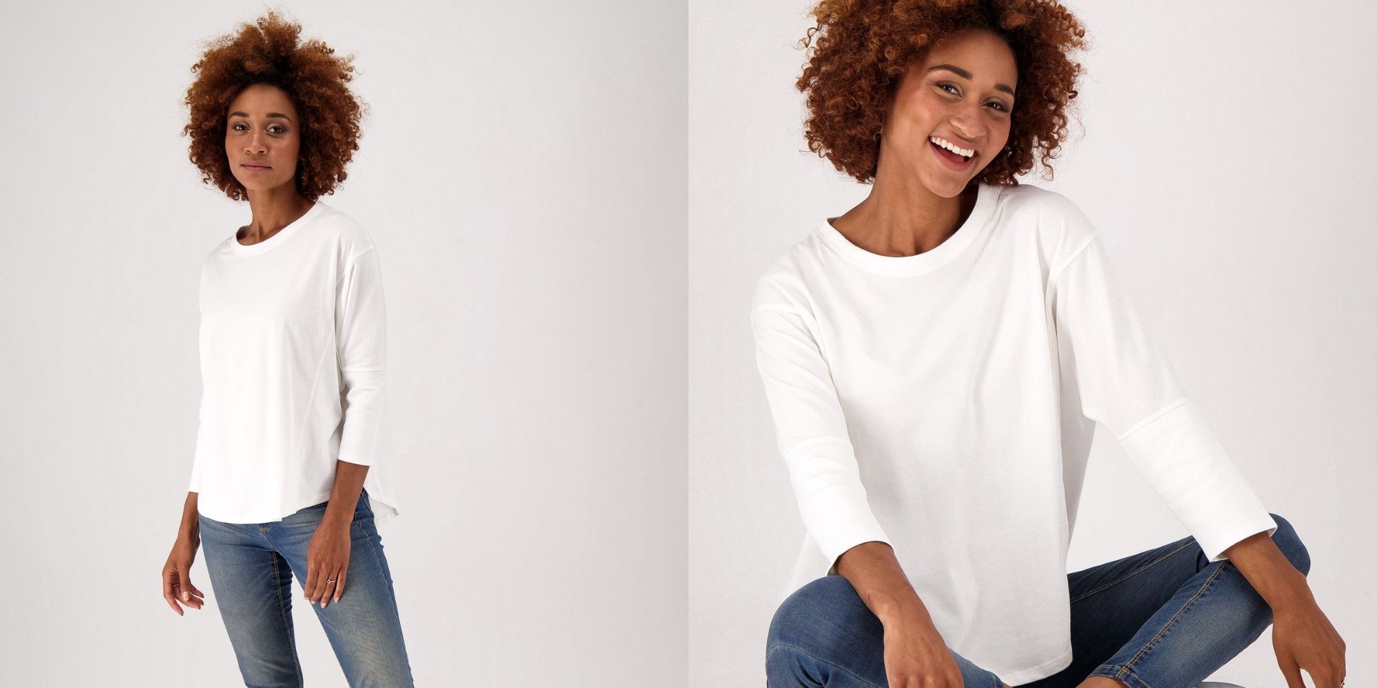 Person wearing white batwing organic t-shirt by The Good Tee.