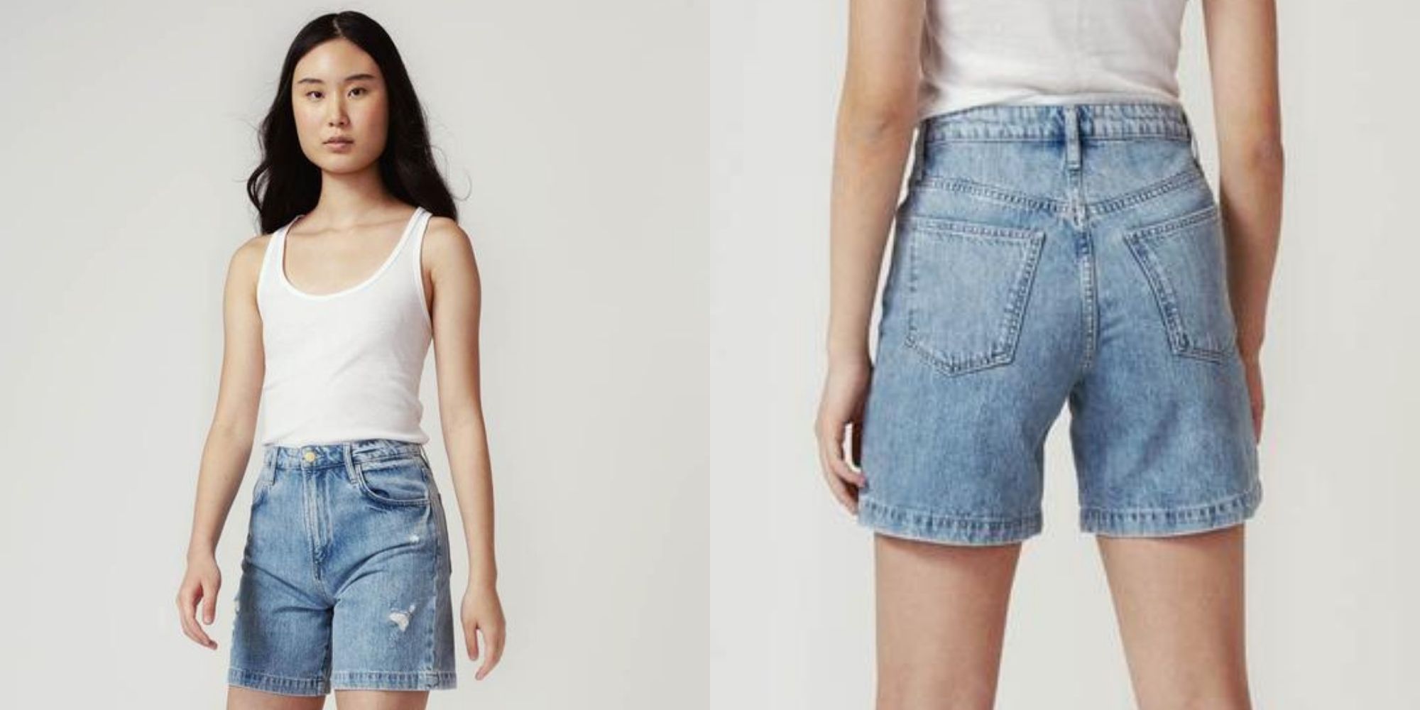 asian woman wearing a-line organic denim shorts by Triarchy