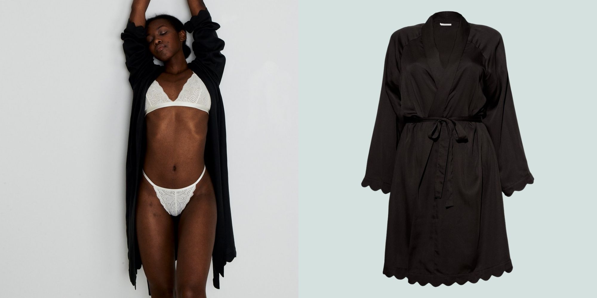 black woman wearing black sustainable silky robe by Underprotection