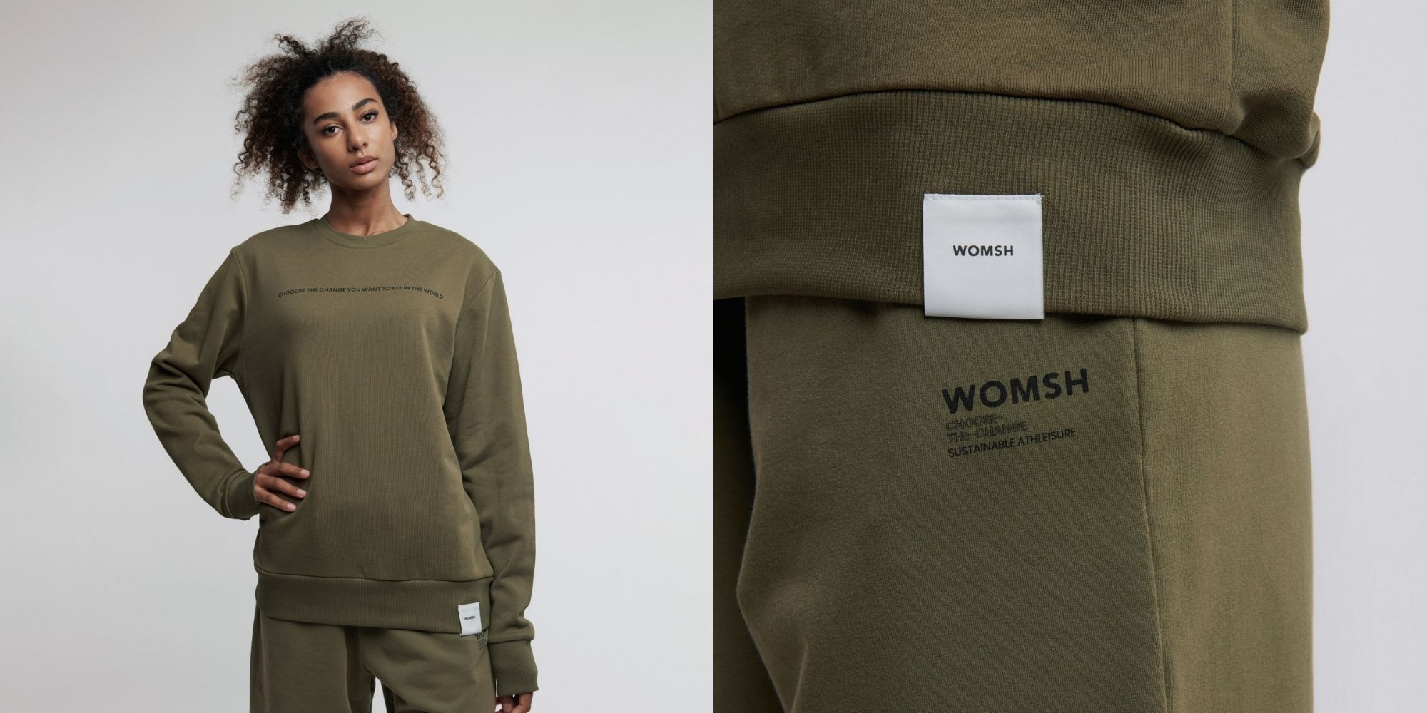 Person wearing an army green sweater with the slogan