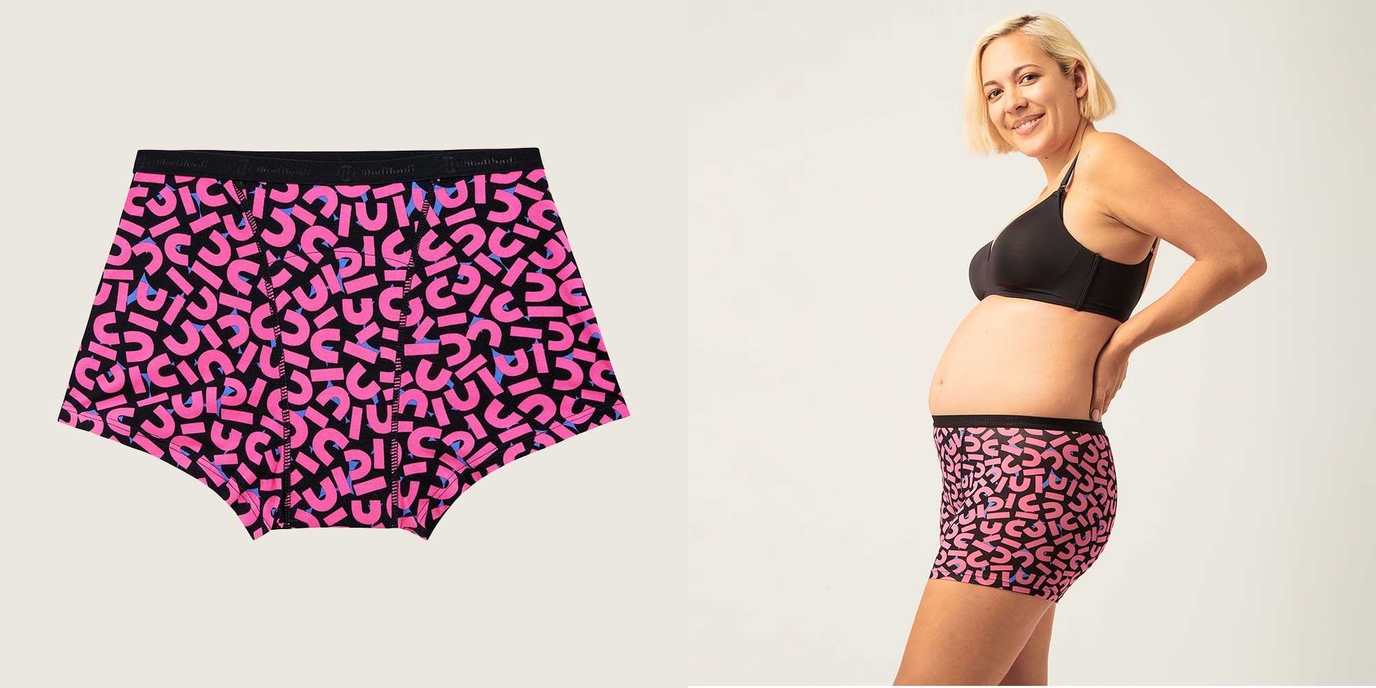 pregnant person wearing pink and black patterned eco-friendly period underwear by ModiBodi