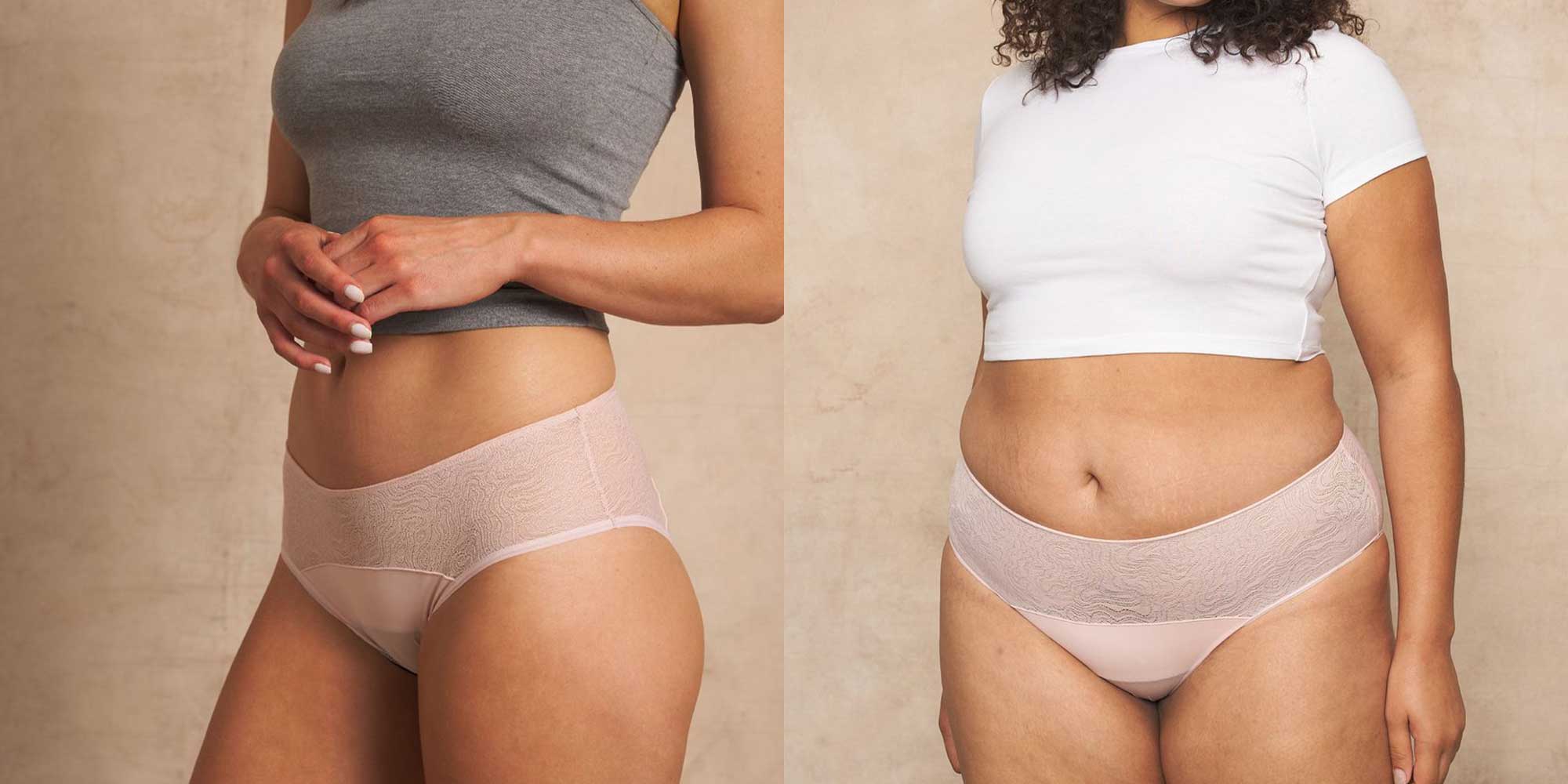 two women wearing pink lacy sustainable period proof underwear by Saalt