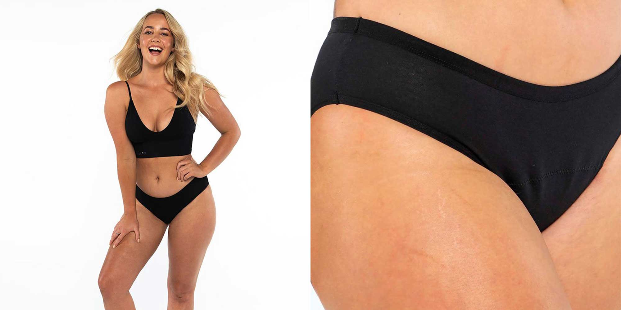 woman wearing black sustainable period underwear by nat'v basics