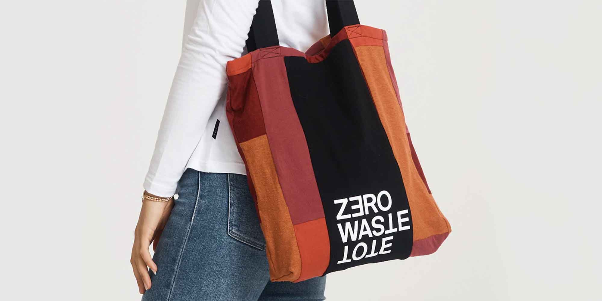 person carrying patchwork red and black zero waste tote by Citizen Wolf