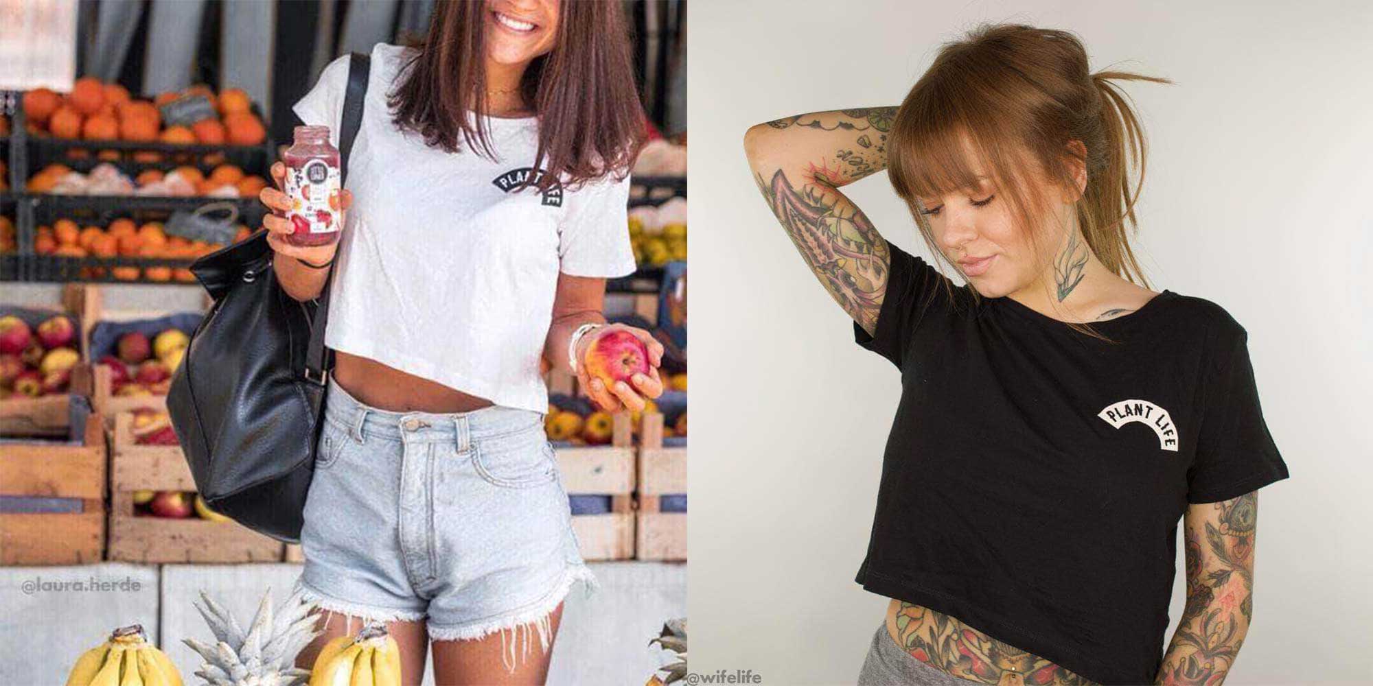 two women wearing black and white Plant Life crop tees by Plant Faced Clothing