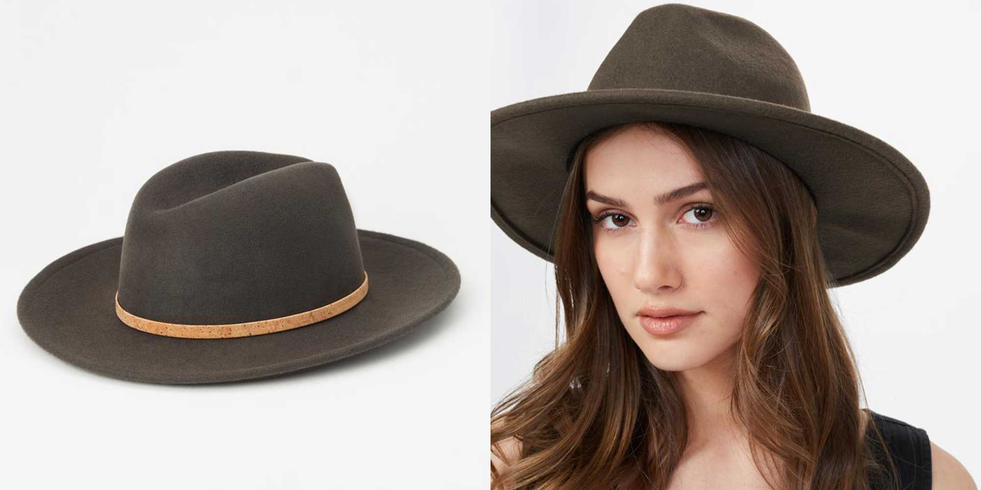 woman wearing dark green recycled wool festival hat sustainable spring staple by tentree