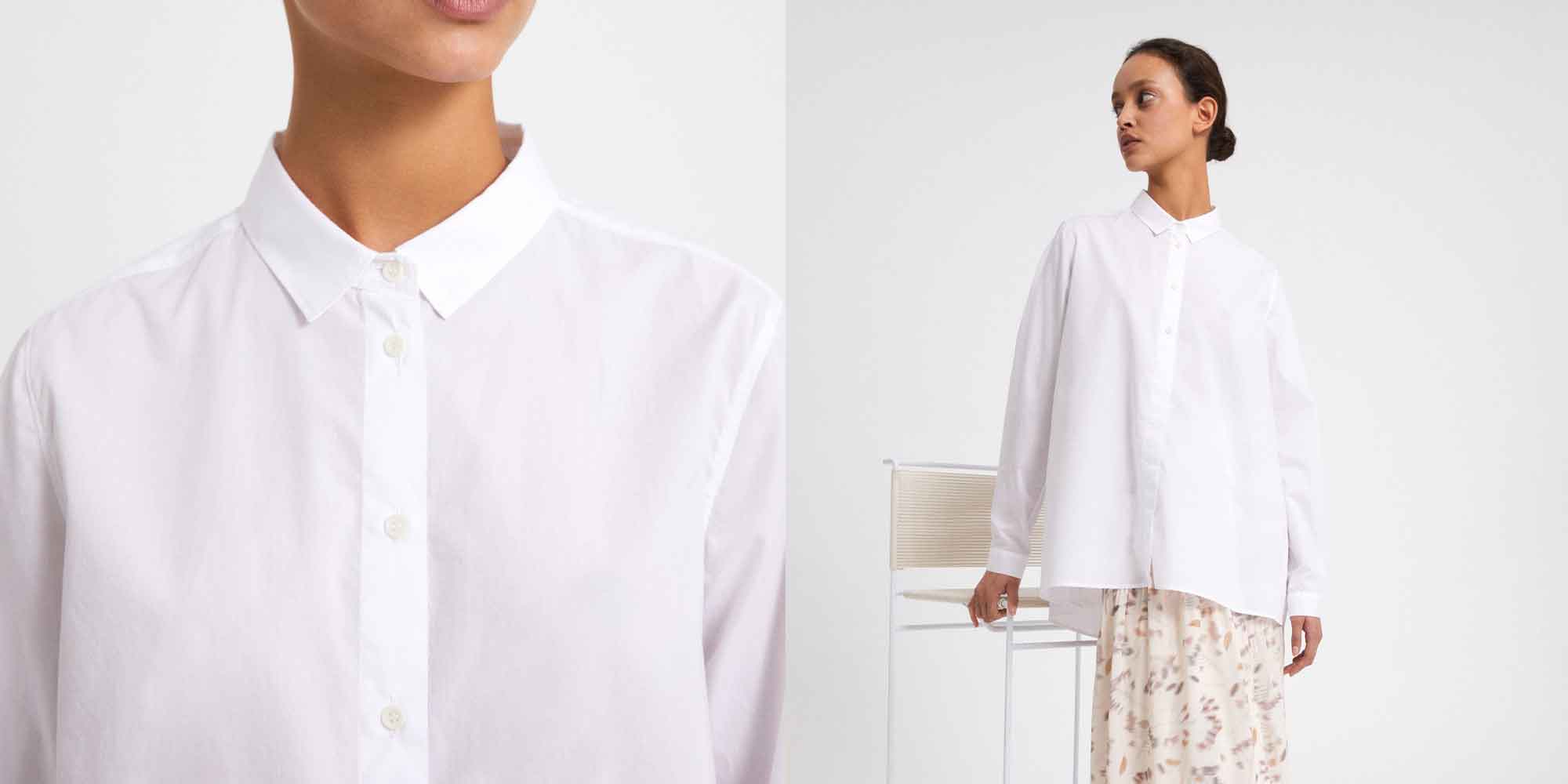 woman wearing white button up ethically made essential by Armedangels