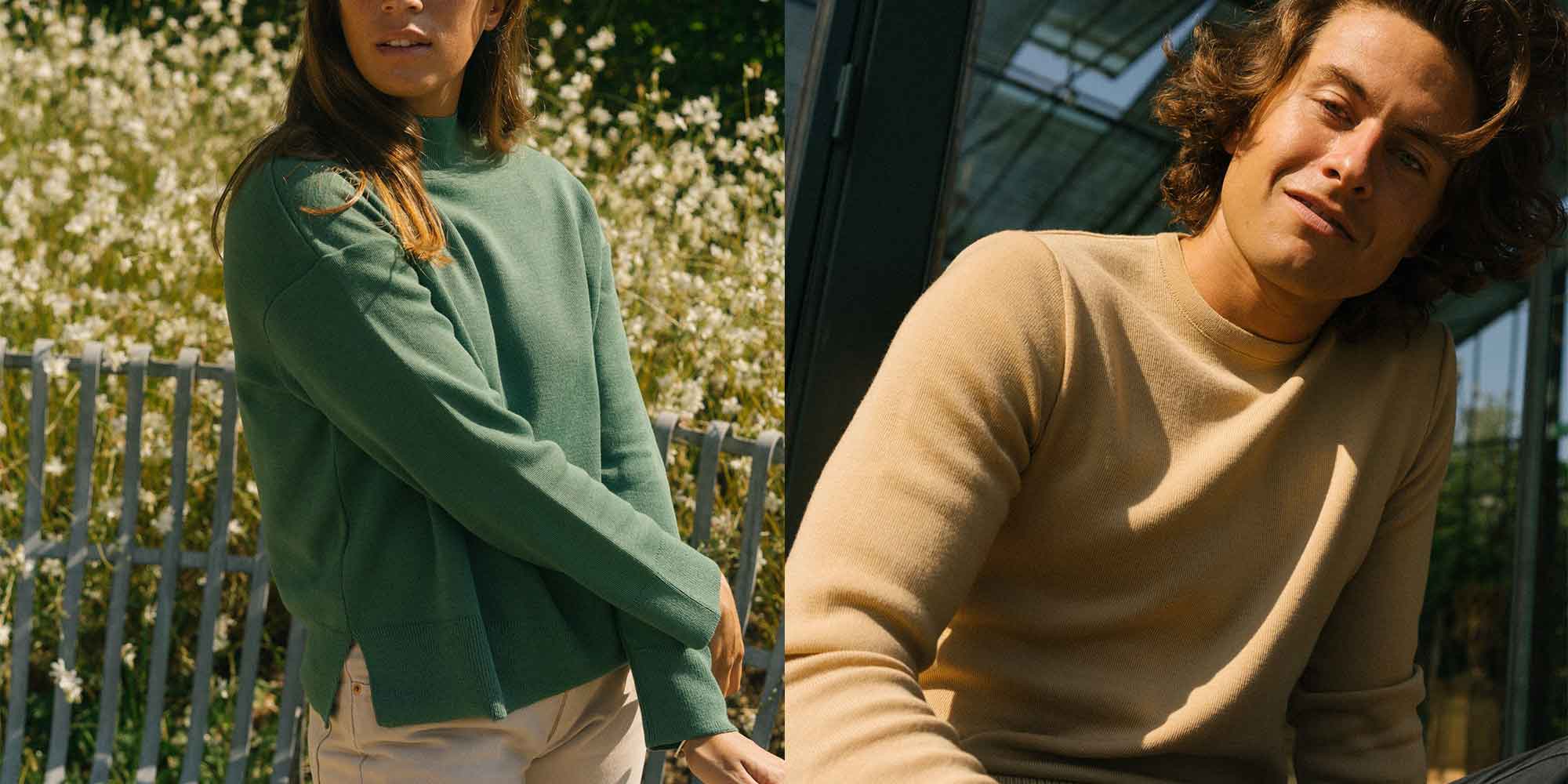 two people outdoors wearing a green and a beige recycled wool jumper by Hopaal