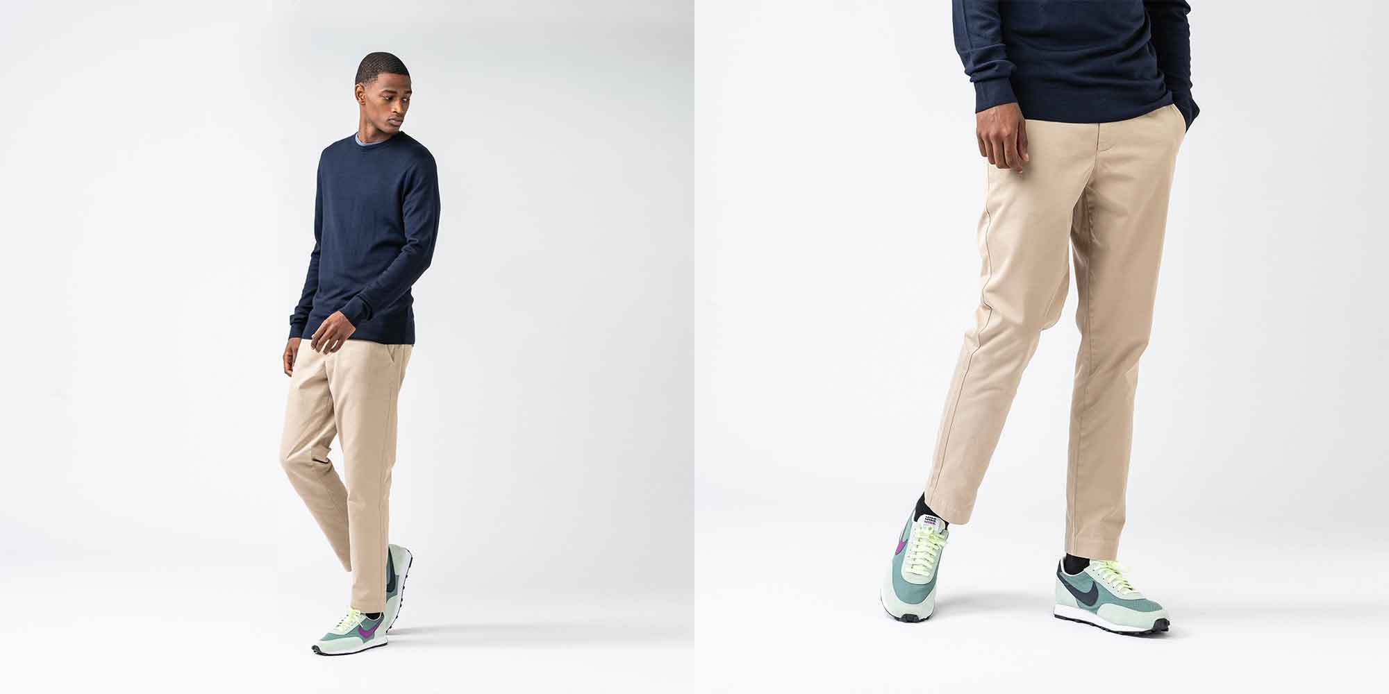 man of colour wearing beige eco-friendly chinos by ISTO.