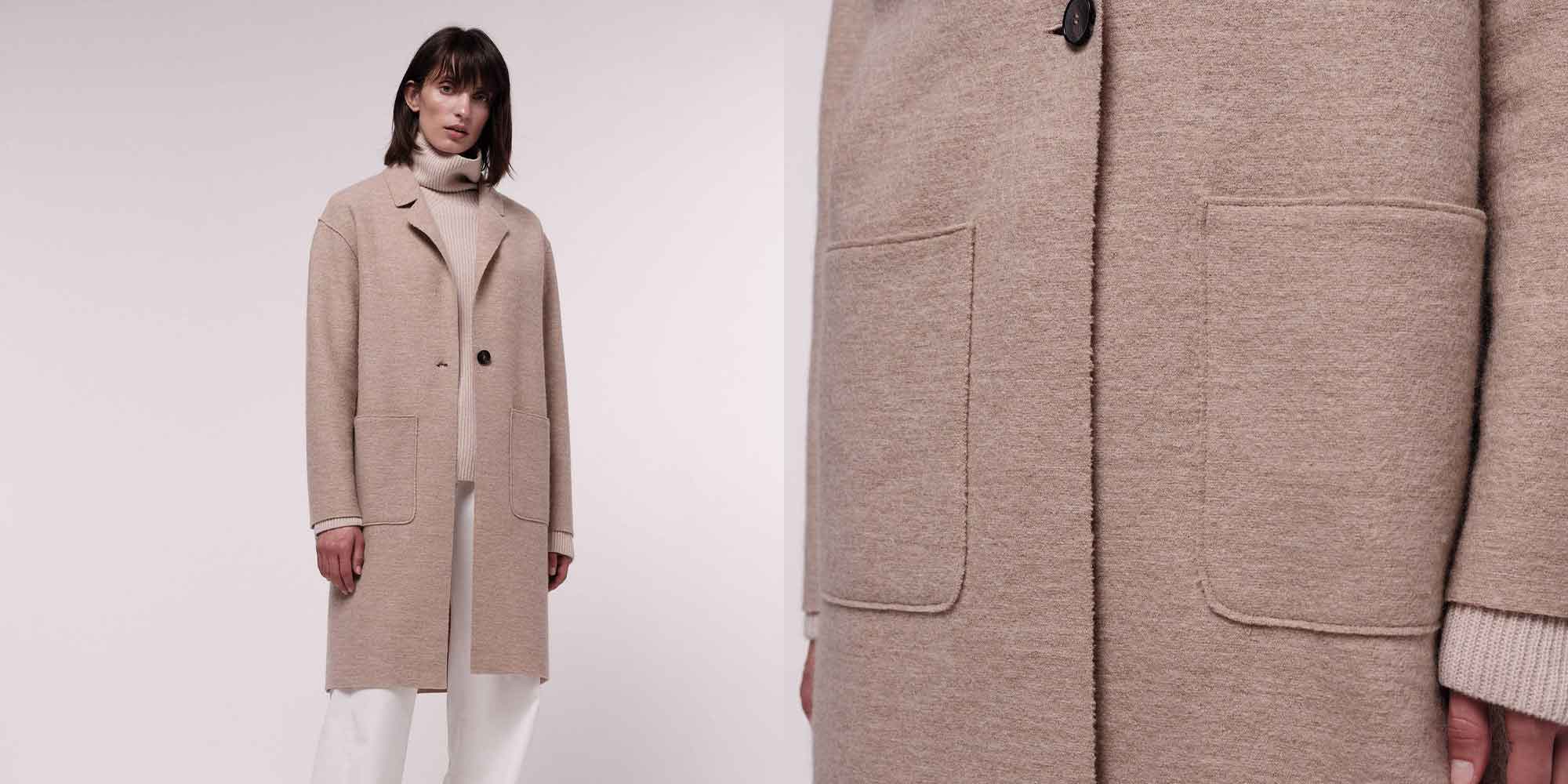 woman wearing long pink woollen trench coat ethically made by LANIUS