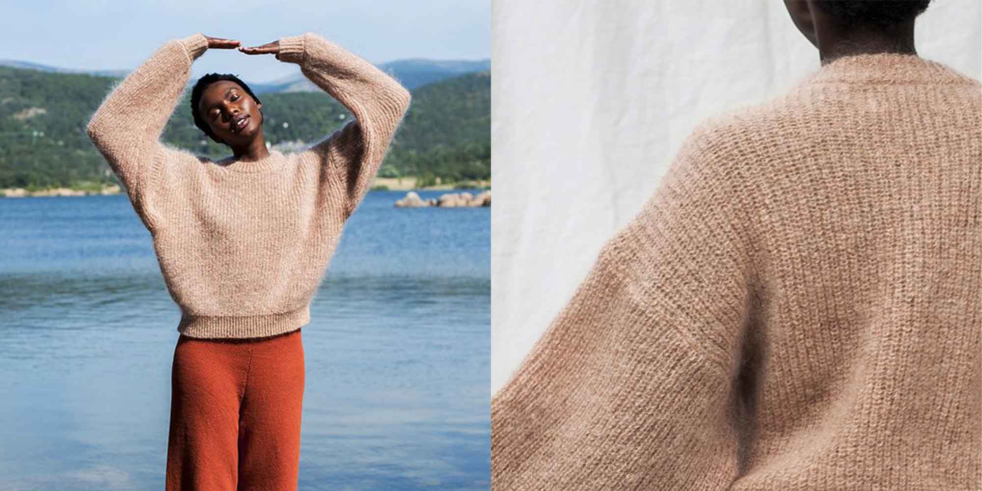 black woman wearing light pink woollen jumper by L'Envers brand