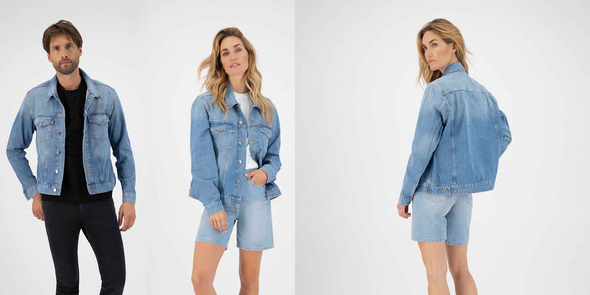 people wearing organic cotton denim jackets time wardrobe essentials by MUD Jeans