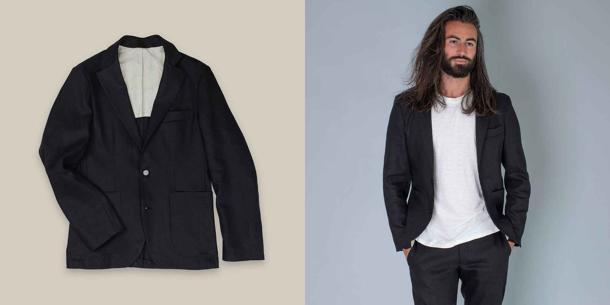 man wearing black Herotex hemp blazer sustainable wardrobe essential by Opera Campi