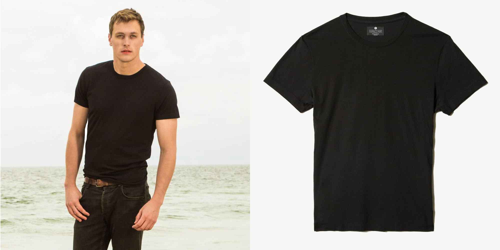 man wearing black organic cotton t-shirt sustainable wardrobe essentials made by The Classic T-Shirt Company