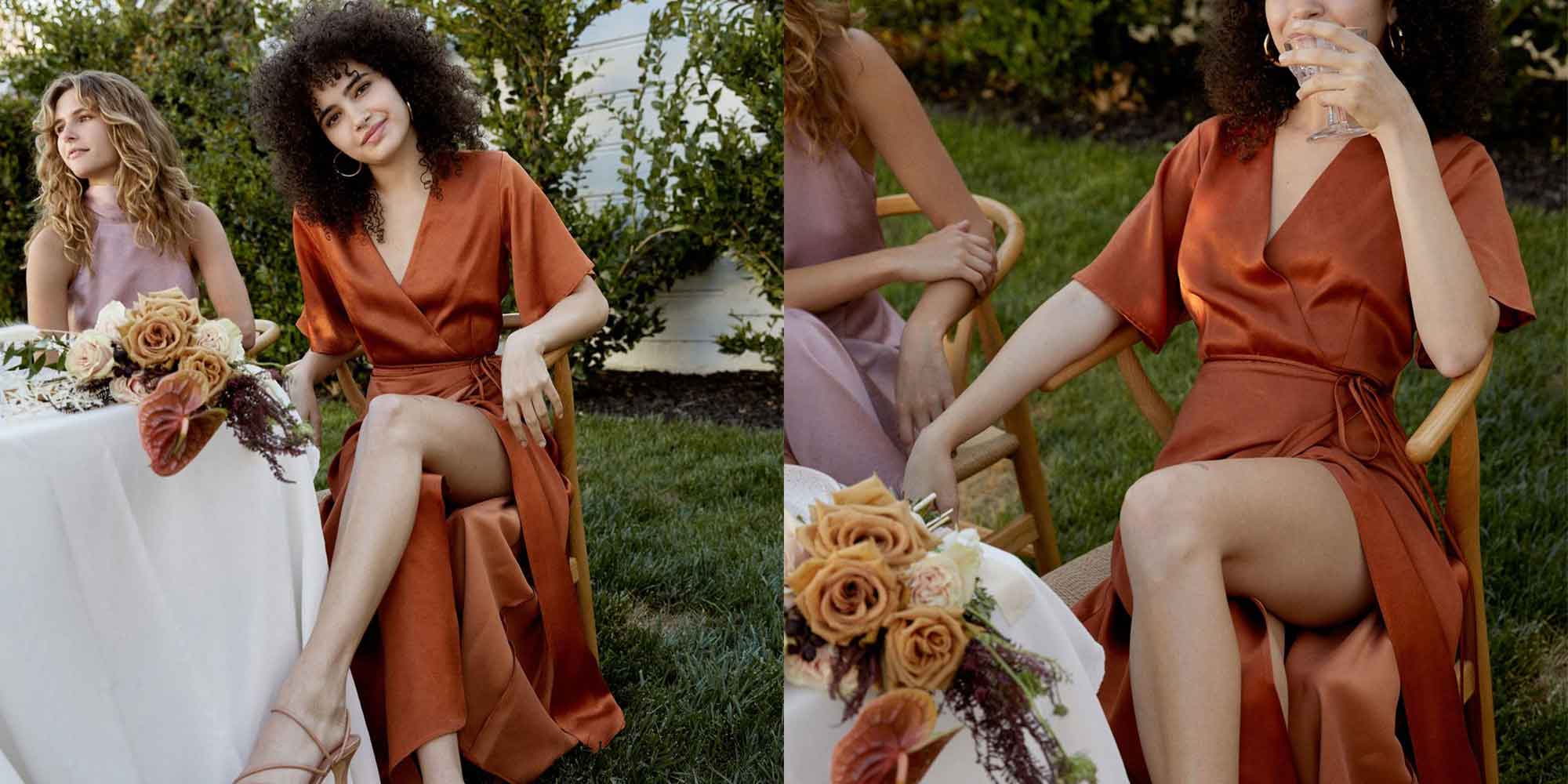 women outdoors wearing an ochre and a lilac silky sustainable dress wardrobe essentials by Whimsy + Row